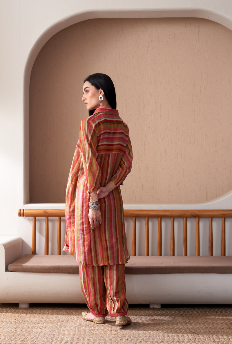 Red Anti Fit Stripe Bageecha Kurta Set