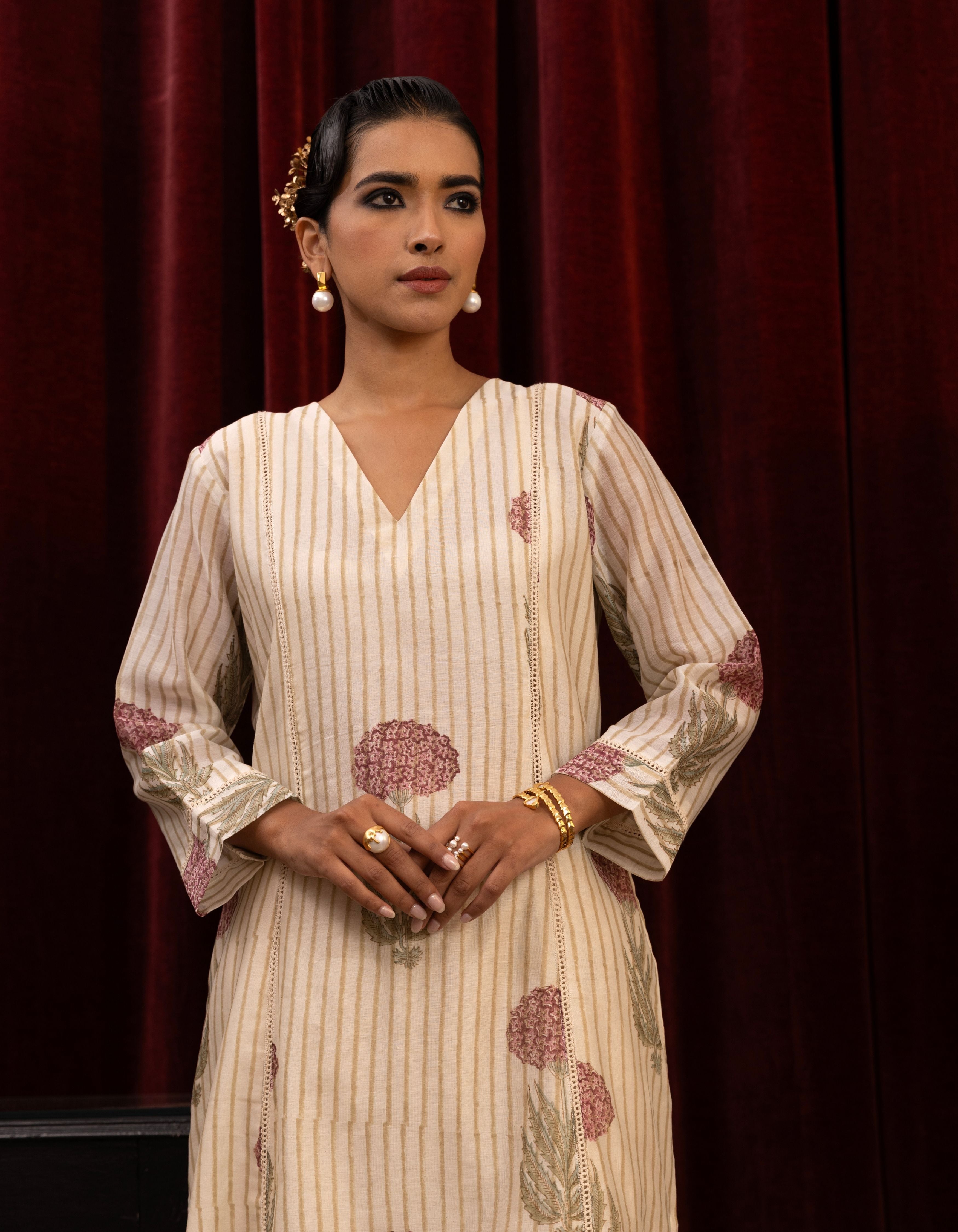 Ivory Stripes Block Print A-line Mogra Kurta Set