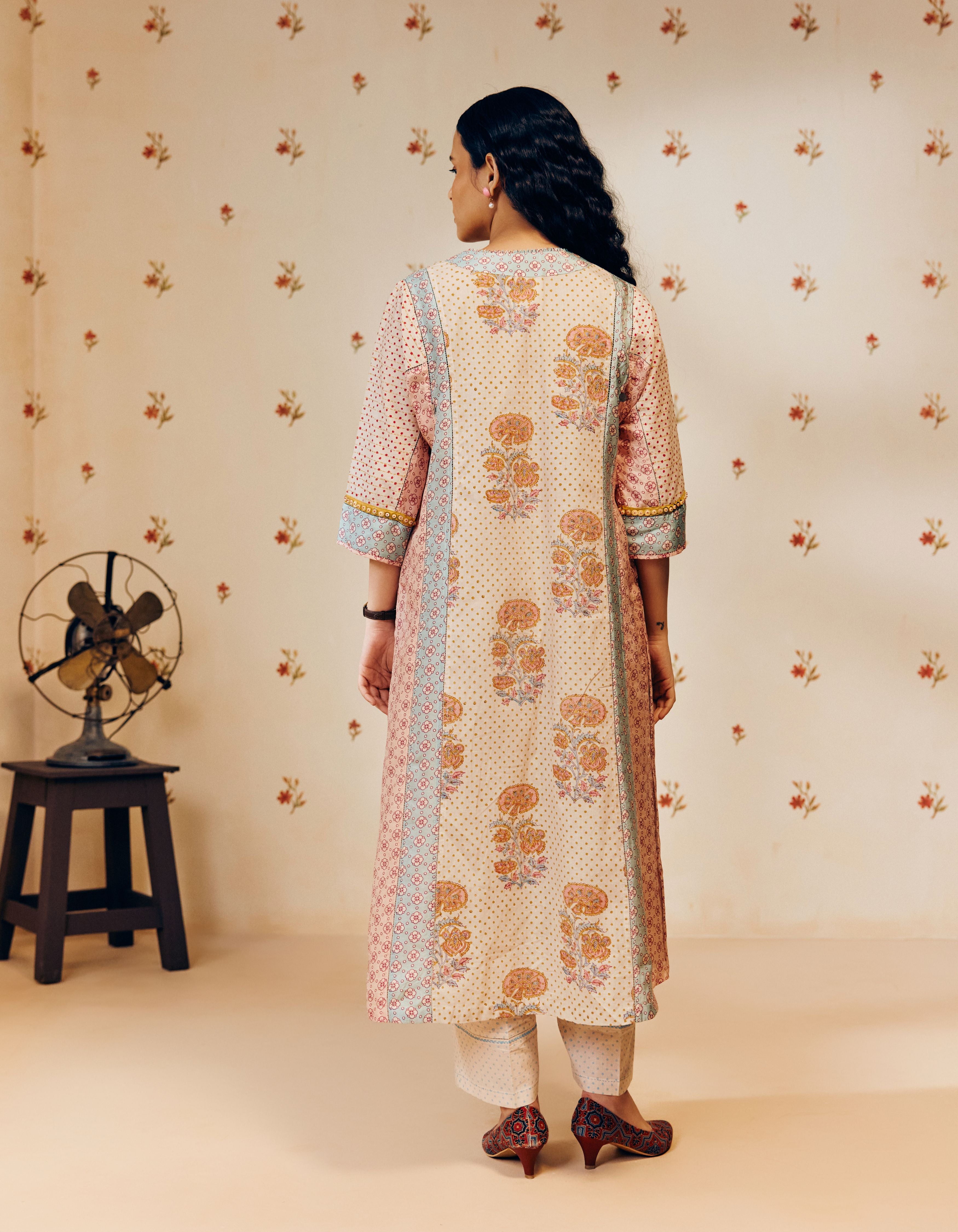 Off-White And Dusty Pink Front Gathers Hand Block Printed Multi Panel Mia Kurta Set