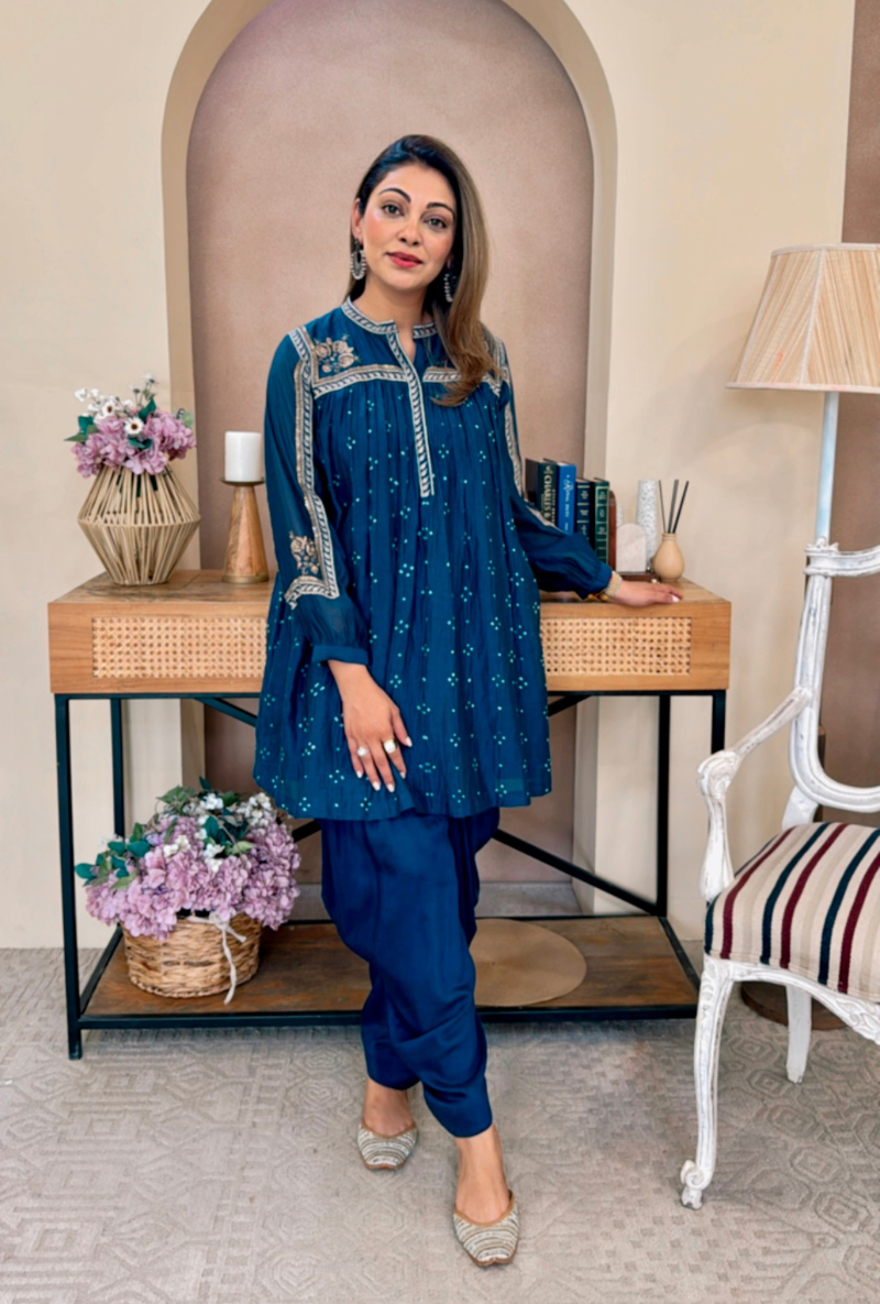 Meghna Nayyar in Blue Bandhej Dhoti Kurta Set