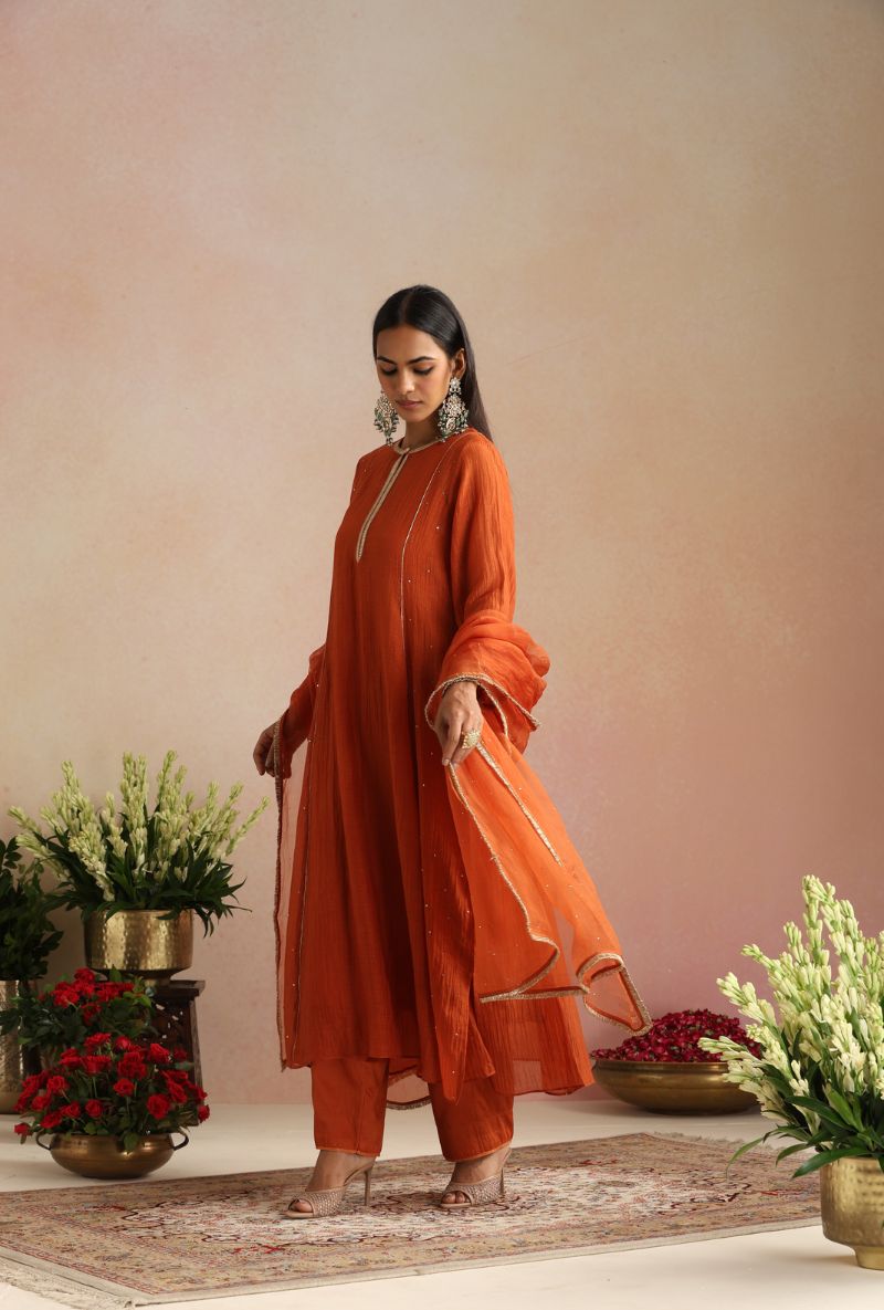 Burnt Orange Cheeta Work Itrh Kurta Set