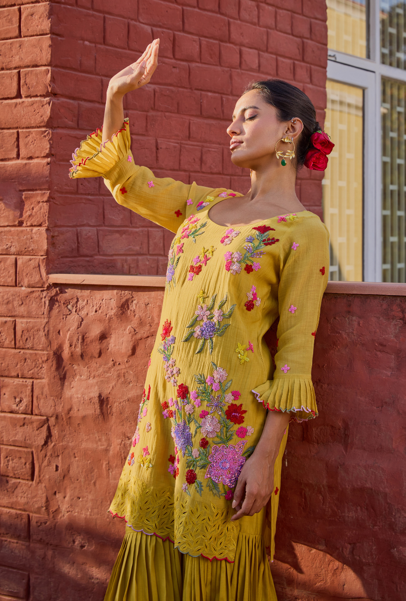 Mustard Hand Embroidery Cut Work Short Kurta Anaardana Gharara Set