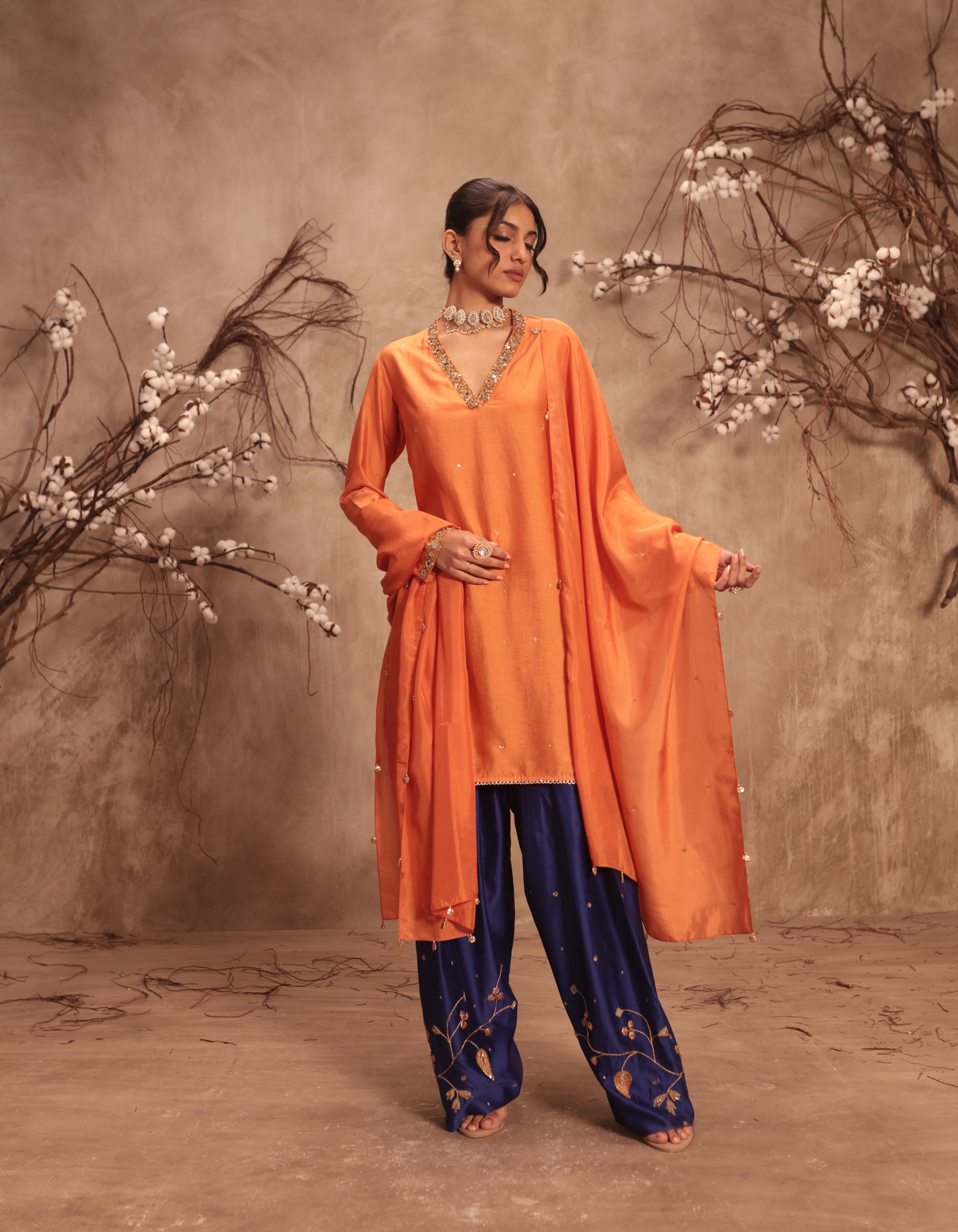 Orange Jaal Rani Kurta Set