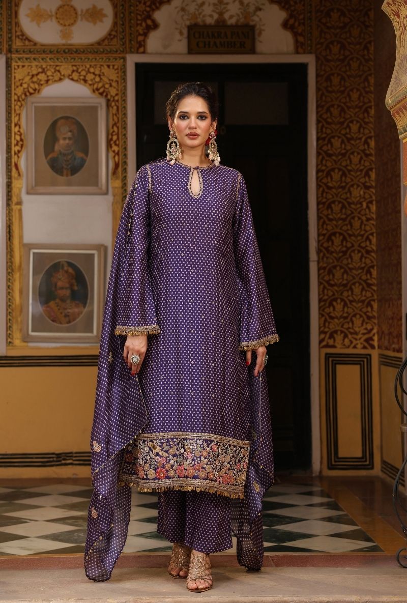 Purple Printed Mayur Applique Long Mehfil Kurta Set