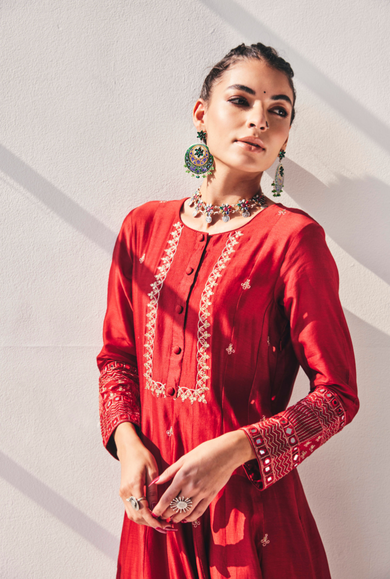 Red Antique Sequins Fiza Kurta Set