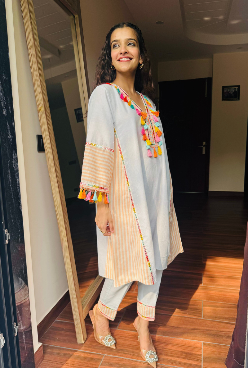 Varsha Rana in Soft Blue Colourful Tassel Kurta Set
