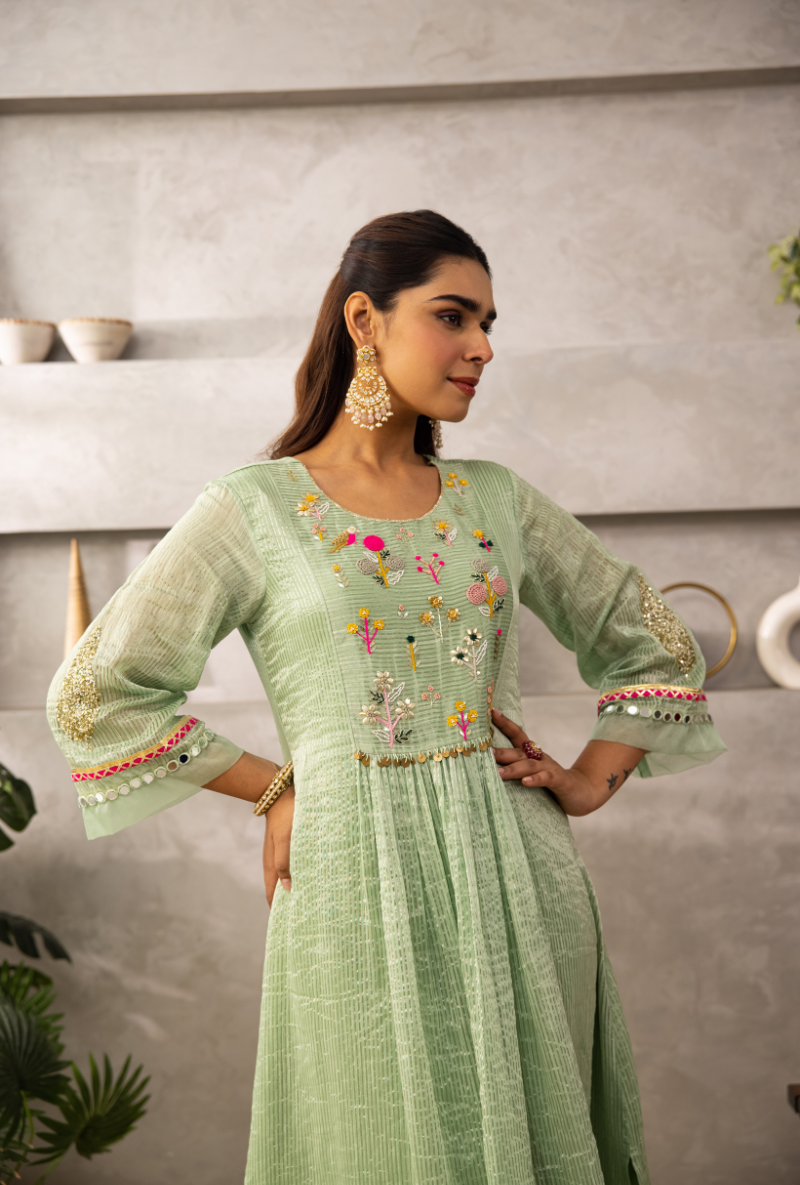 Aqua Resham Yoke Front Pleats Laado Kurta Set