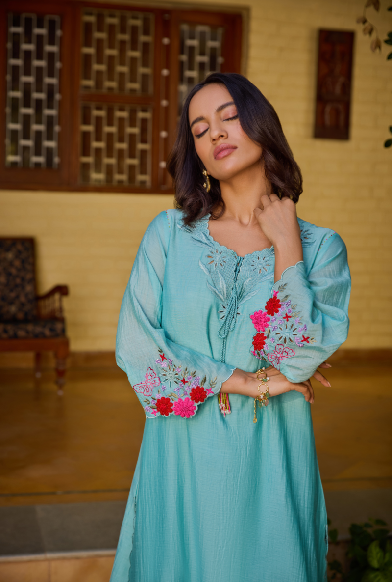 Turquoise Cutwork Neckline Straight Anaardana Kurta Set