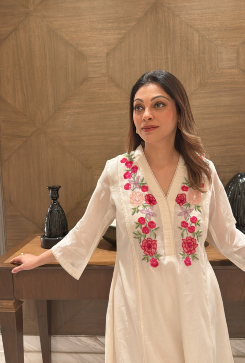 Meghna Nayyar in Ivory A Line Hand Embroidered Anaardana Kurta Set