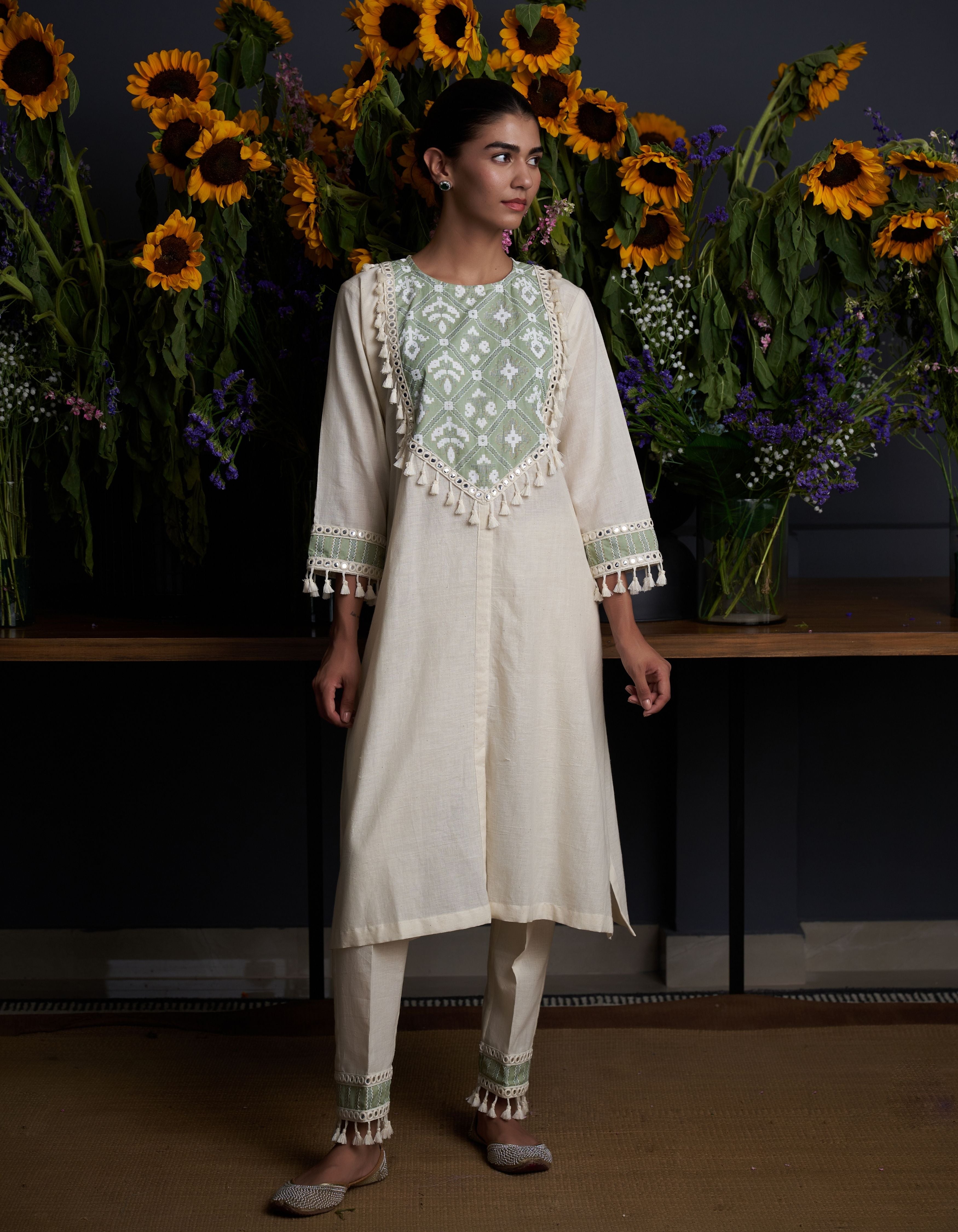 Beige Patterned Yoke Vedika Nadia Kurta Set