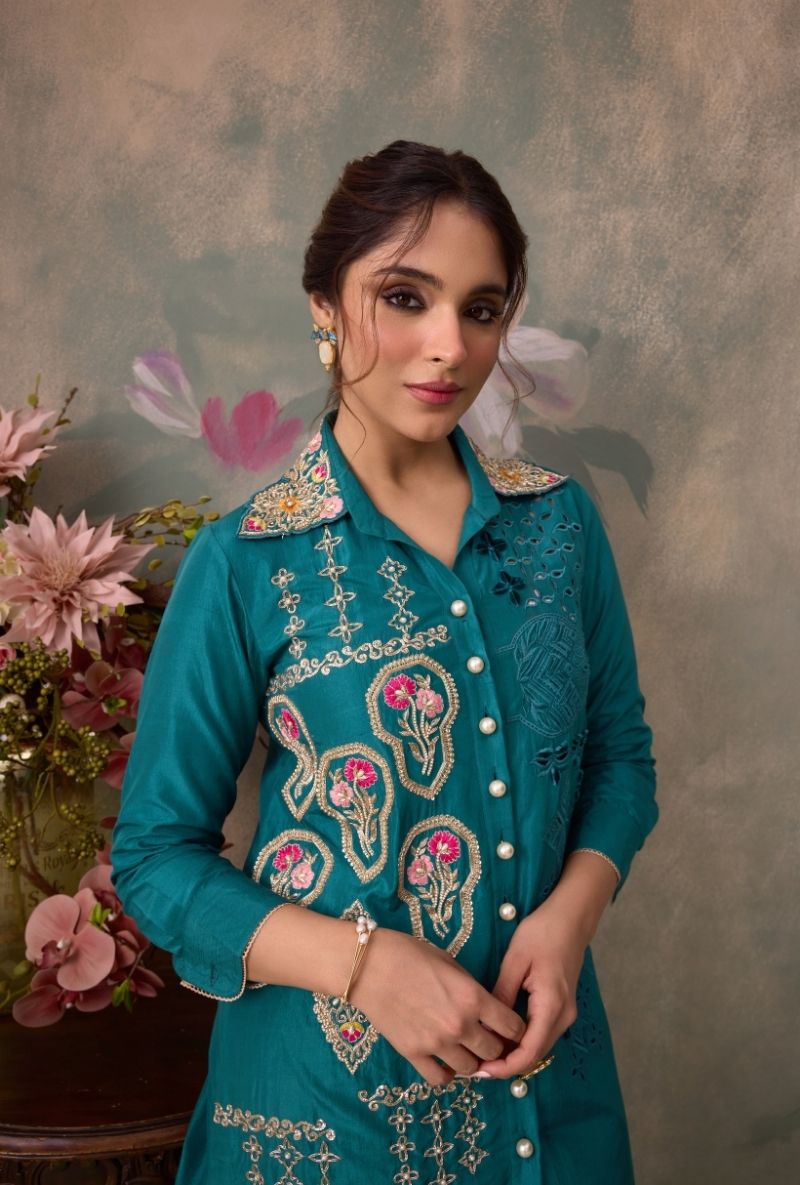 Teal Green Embroidered Side Panel Jalsa Co-Ord Set