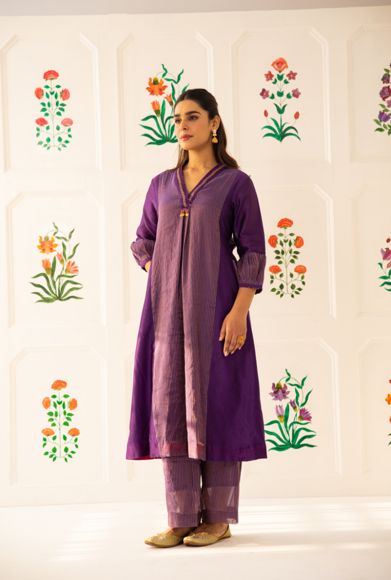 Purple High Collar Kishmish Kurta Set