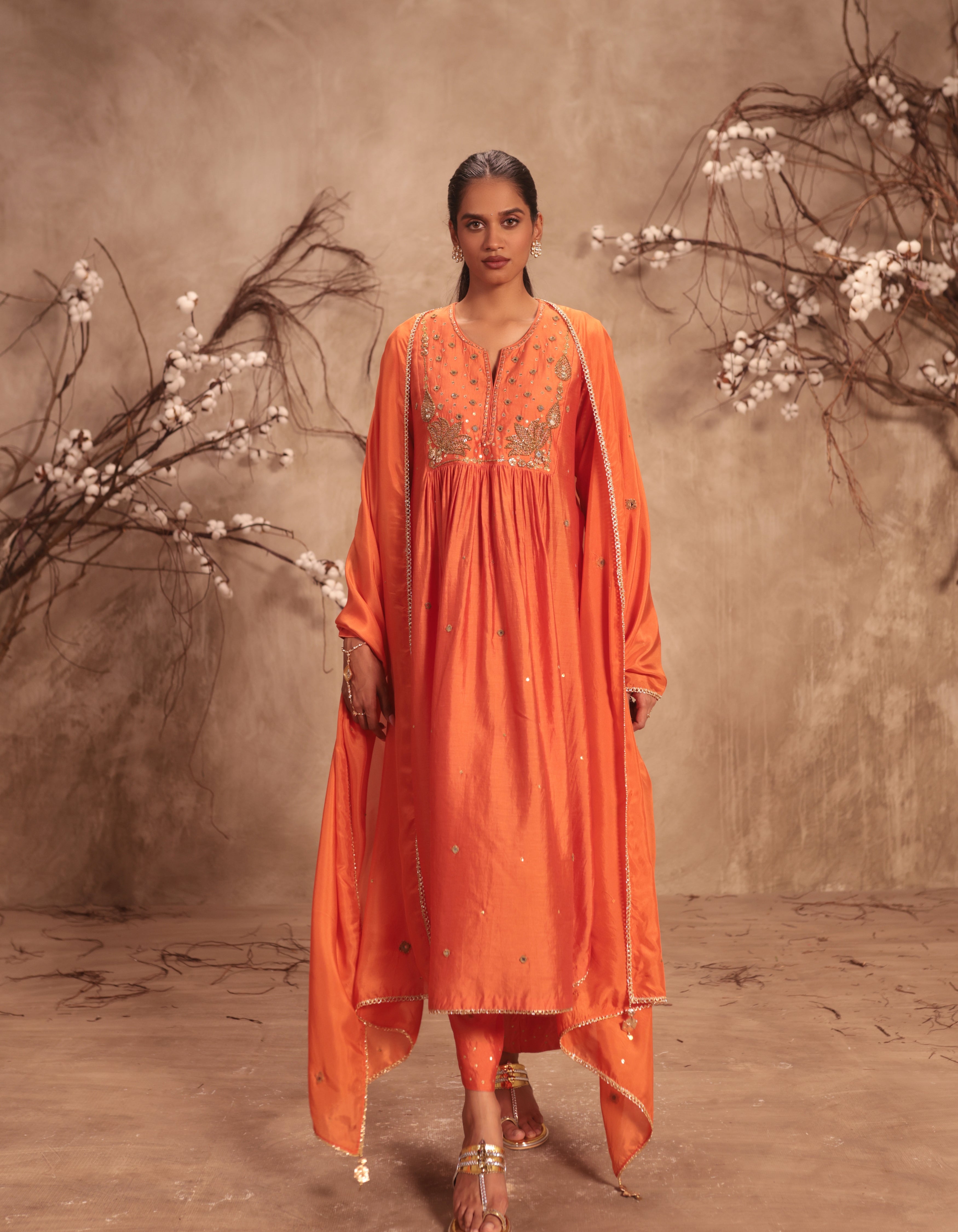 Orange Frockstyle Rani Kurta Set