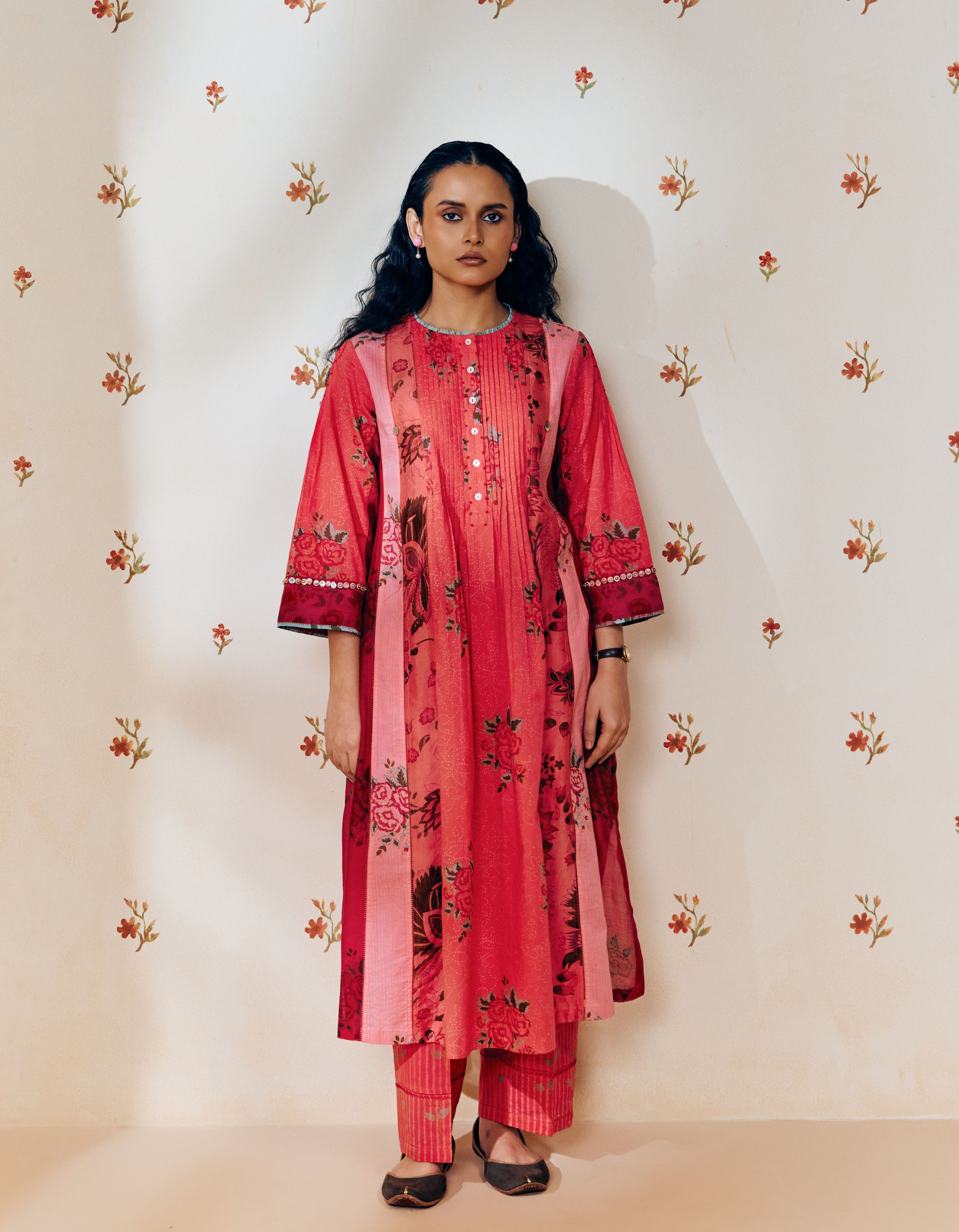 Rani Pink Pintuck Hand Block Printed Multi Panel Mia Kurta Set