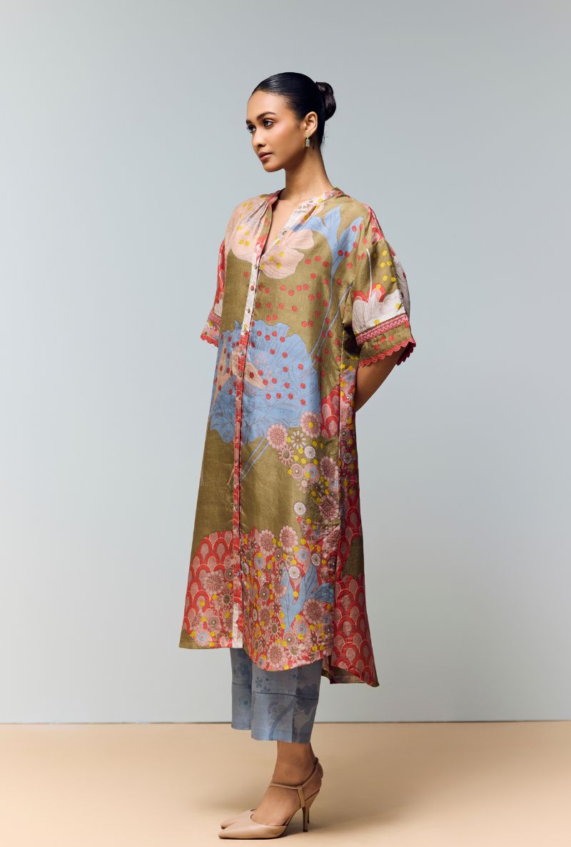 Ice Blue Hand Printed Full Placket Eden Co-Ord Set