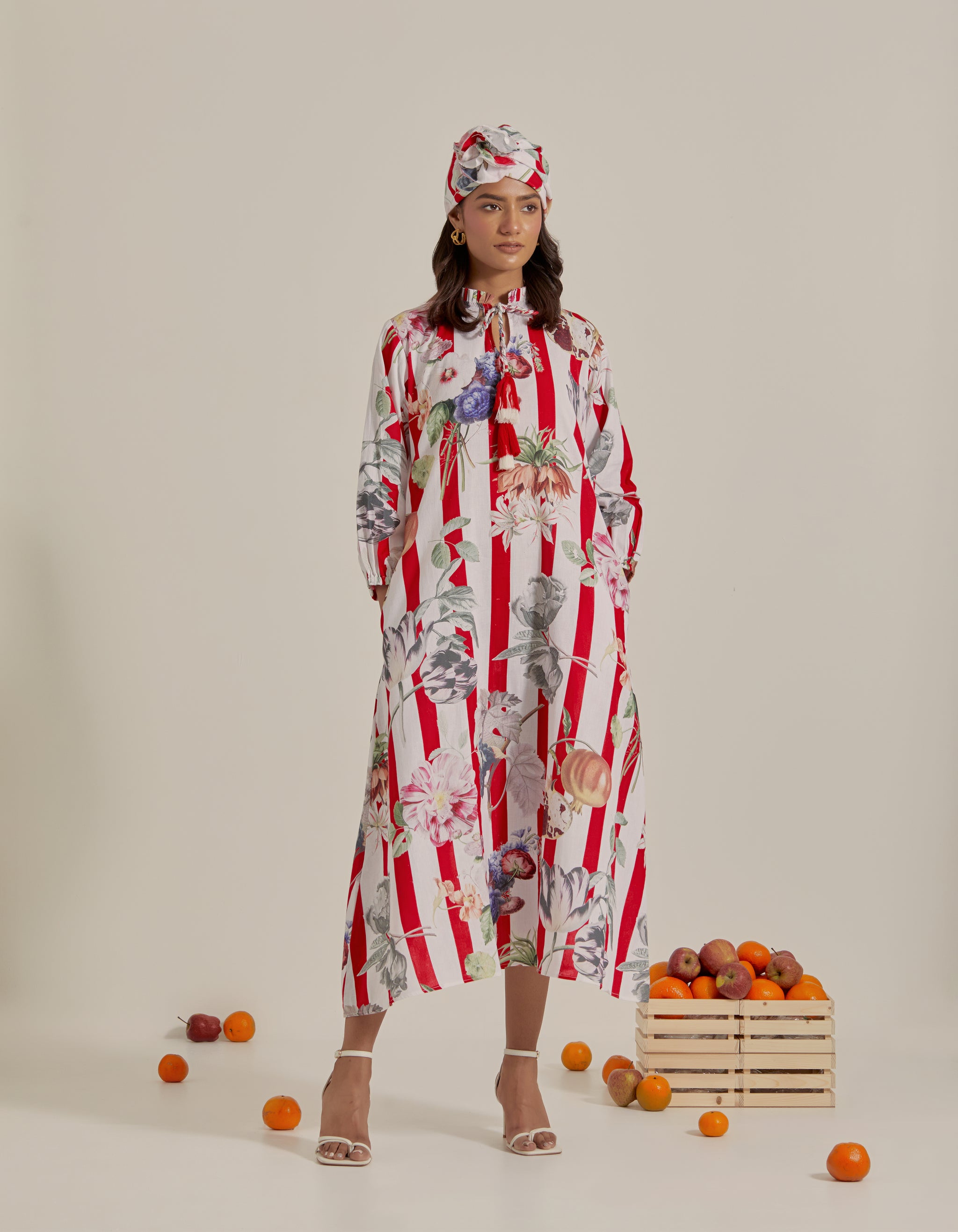 Red And White Stripes Printed Hawaii Maxi Dress