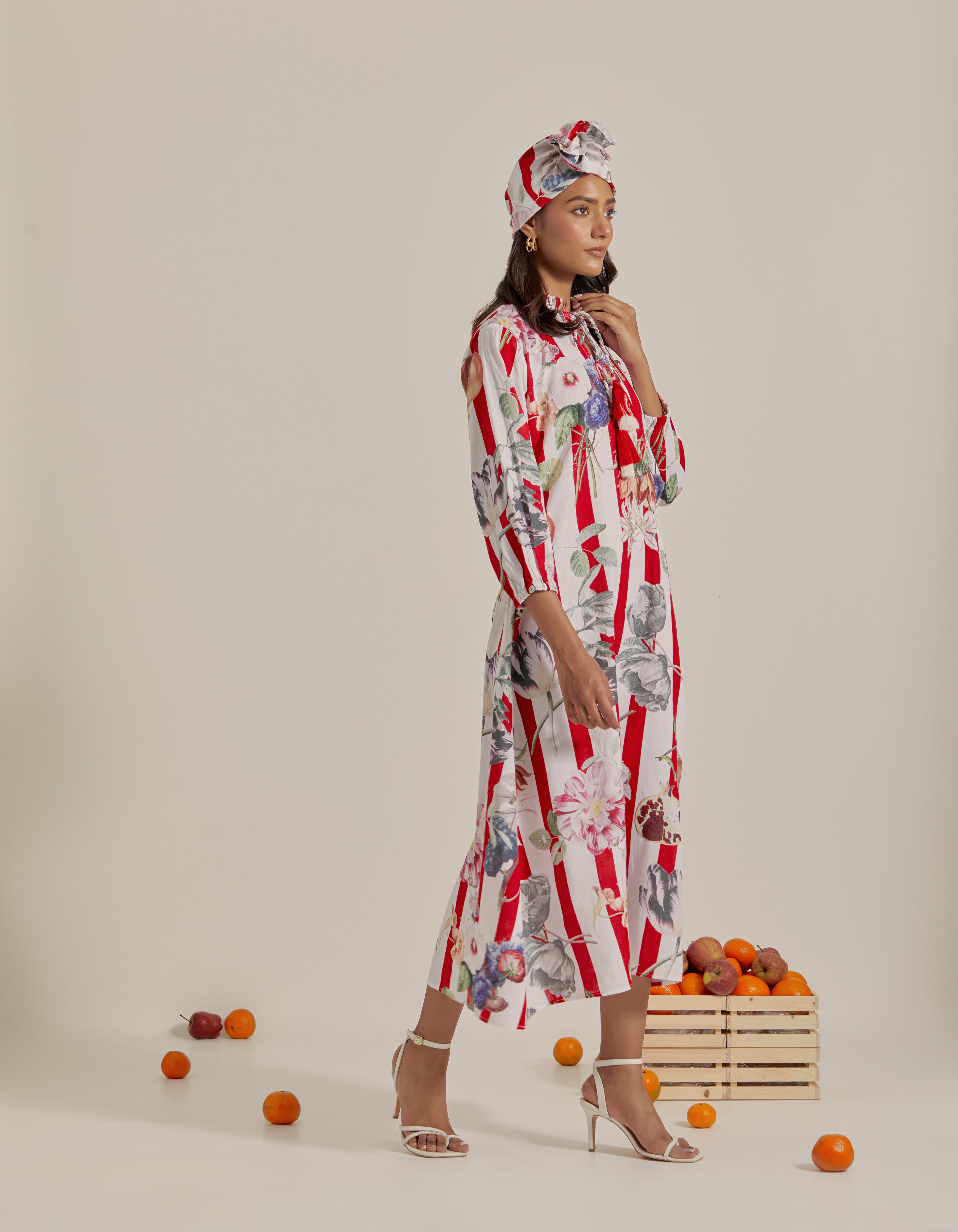 Red And White Stripes Printed Hawaii Maxi Dress