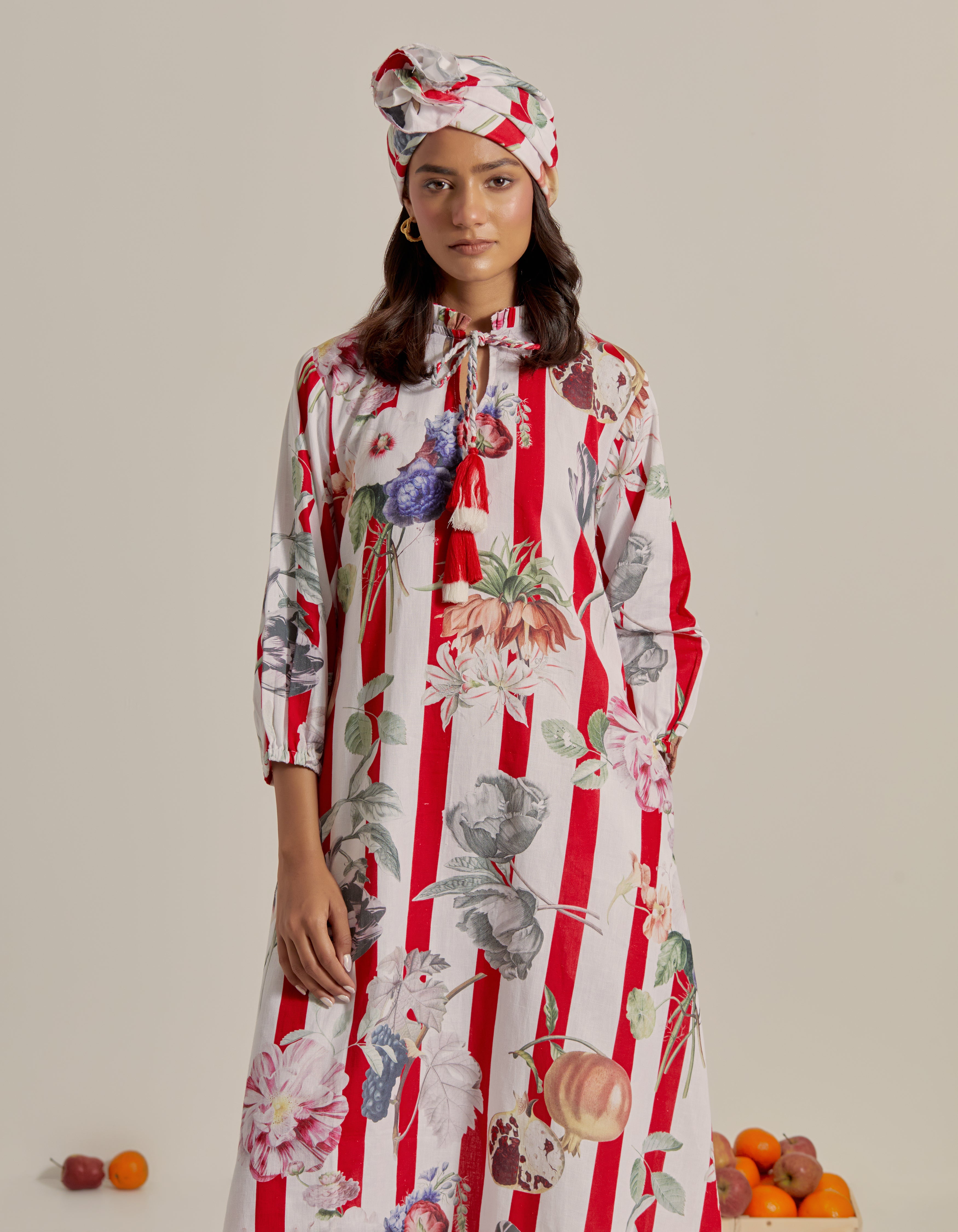 Red And White Stripes Printed Hawaii Maxi Dress