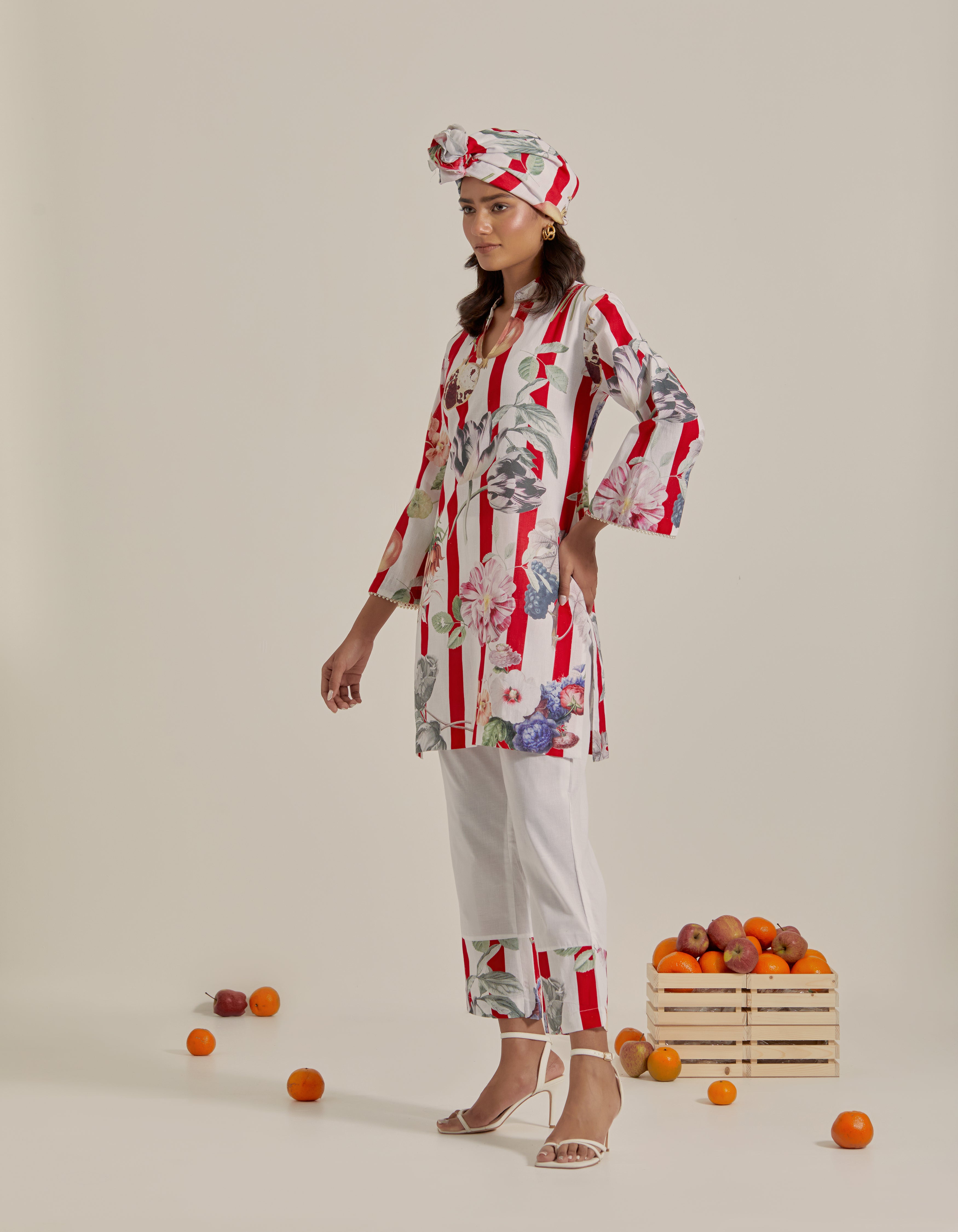 Red And White Printed Hawaii Short Kurta Set
