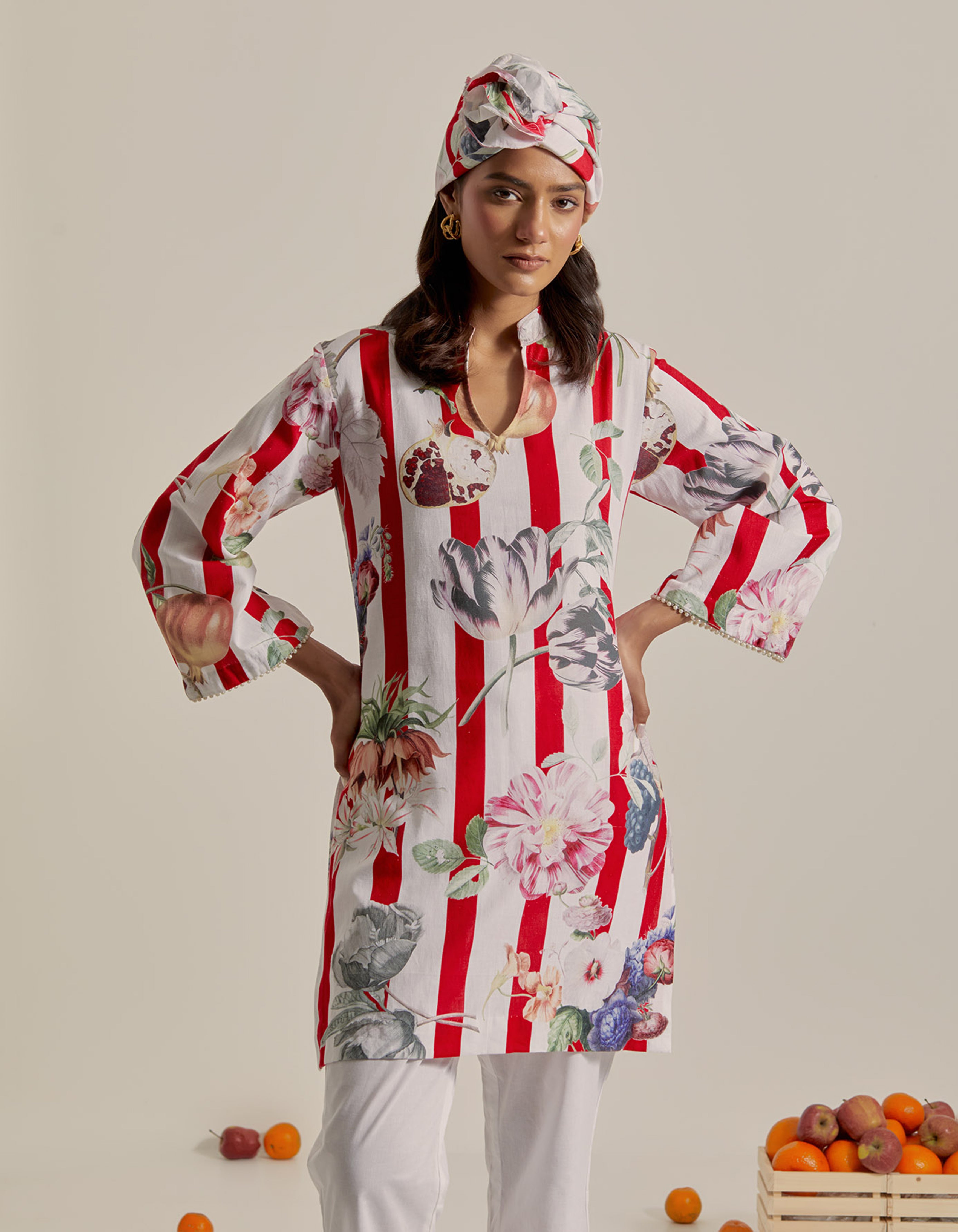 Red And White Printed Hawaii Short Kurta Set