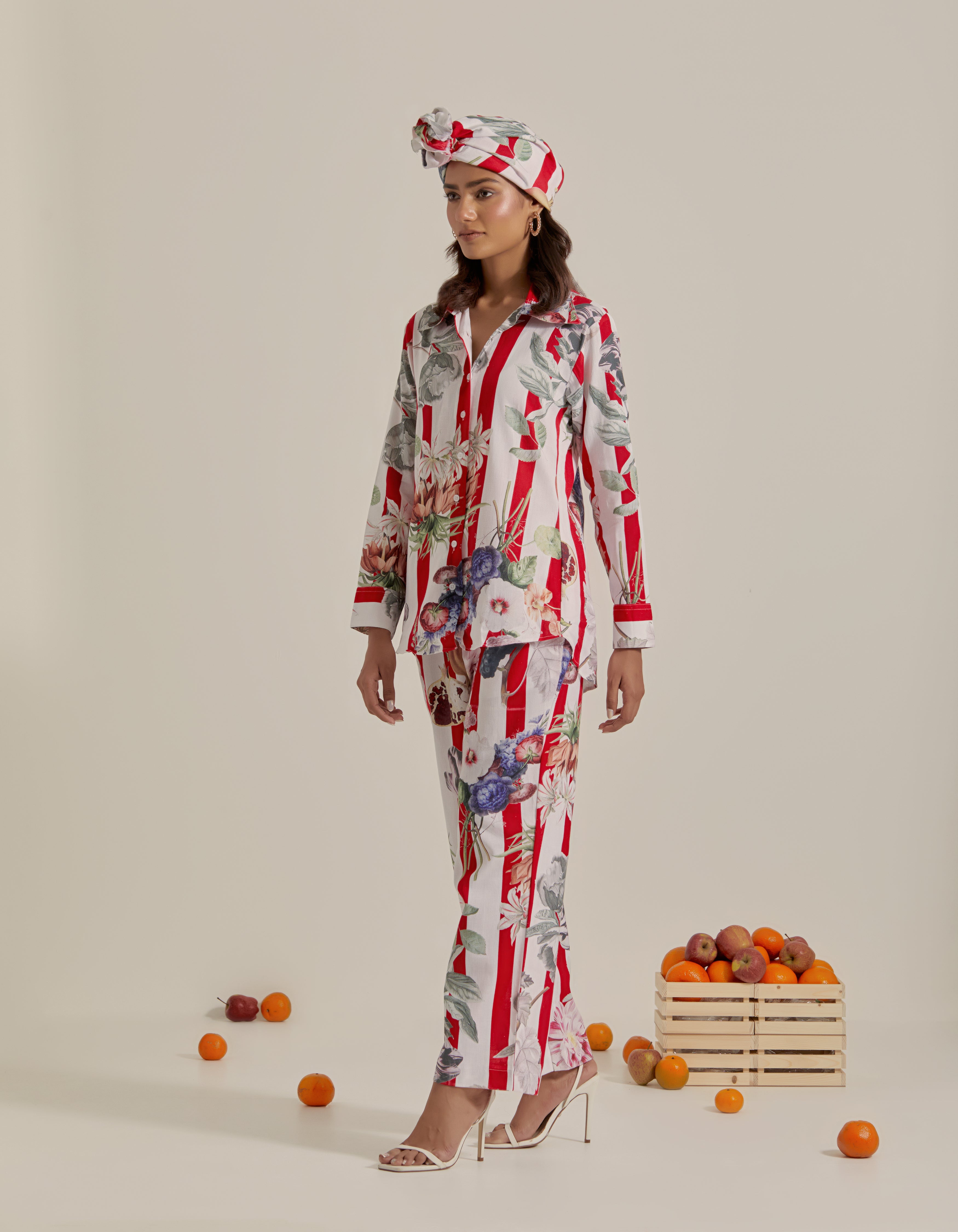 Red And White Stripes Printed Shirt Hawaii Co-Ord Set