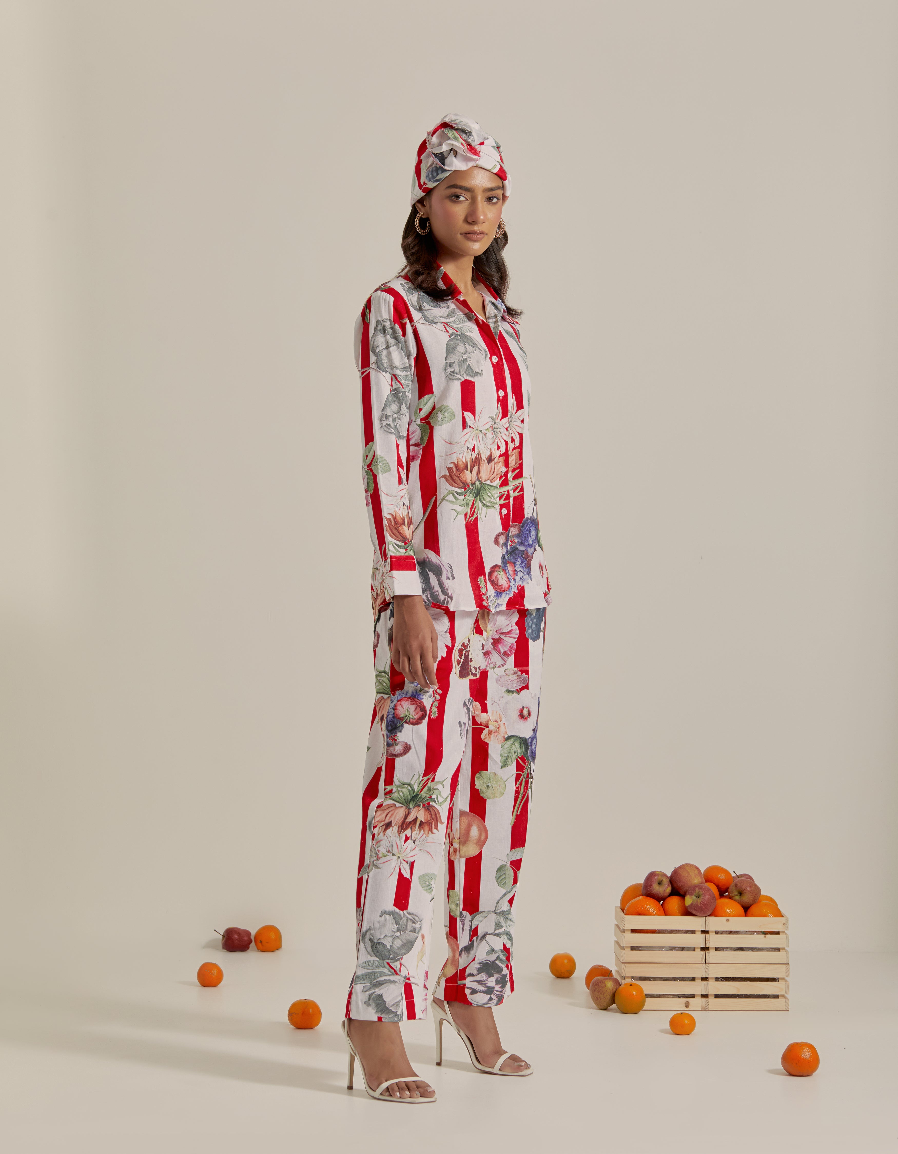 Red And White Stripes Printed Shirt Hawaii Co-Ord Set