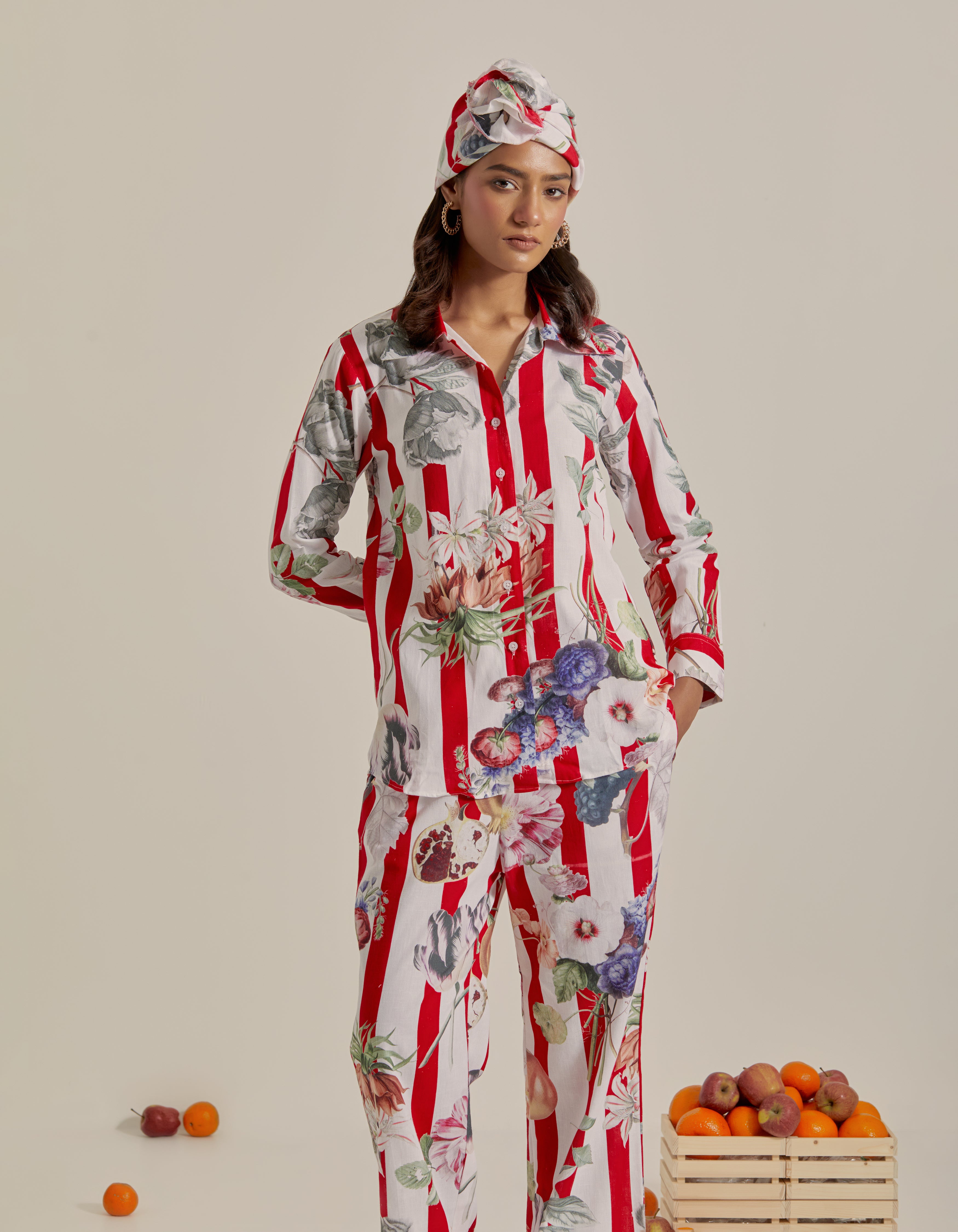 Red And White Stripes Printed Shirt Hawaii Co-Ord Set