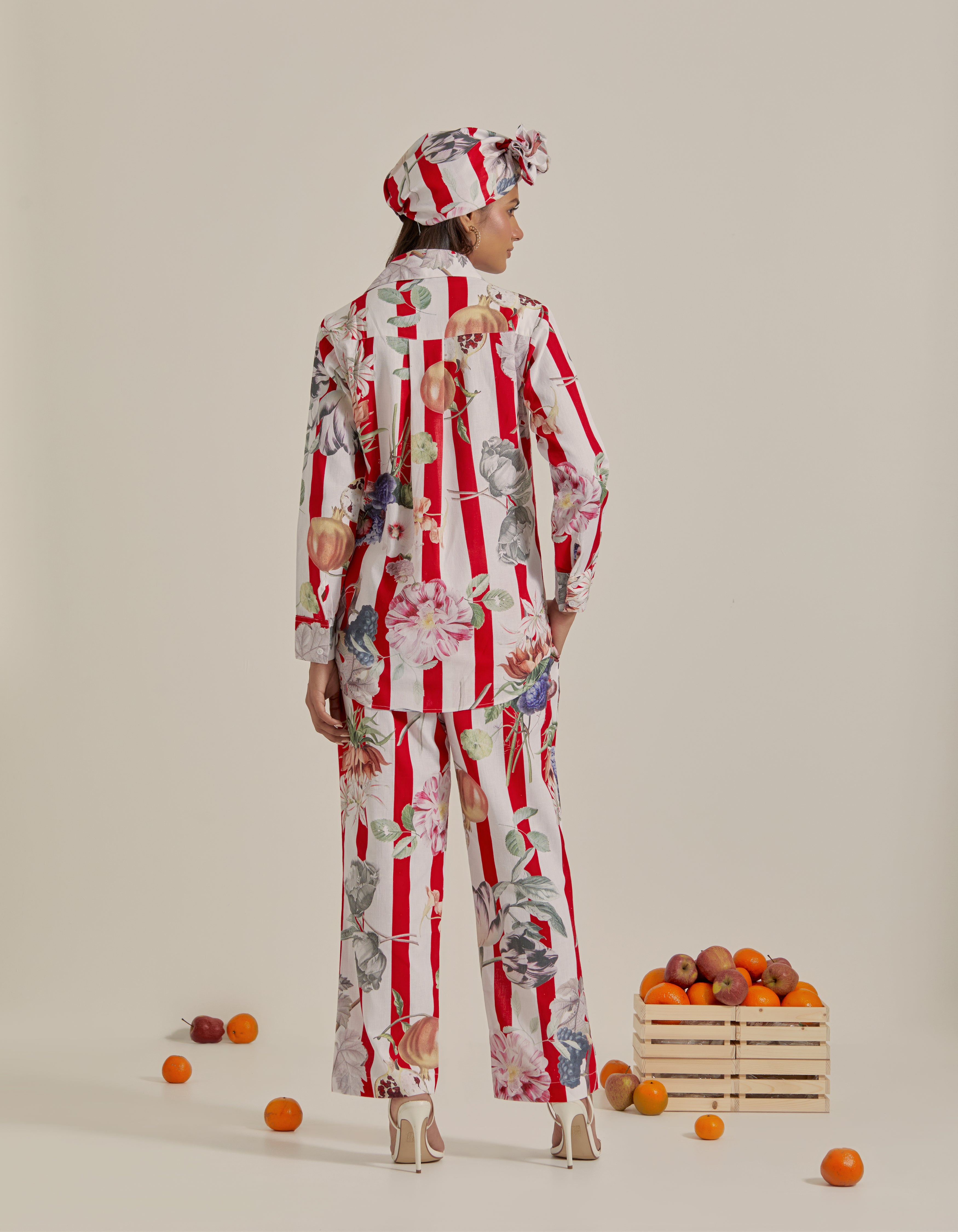 Red And White Stripes Printed Shirt Hawaii Co-Ord Set