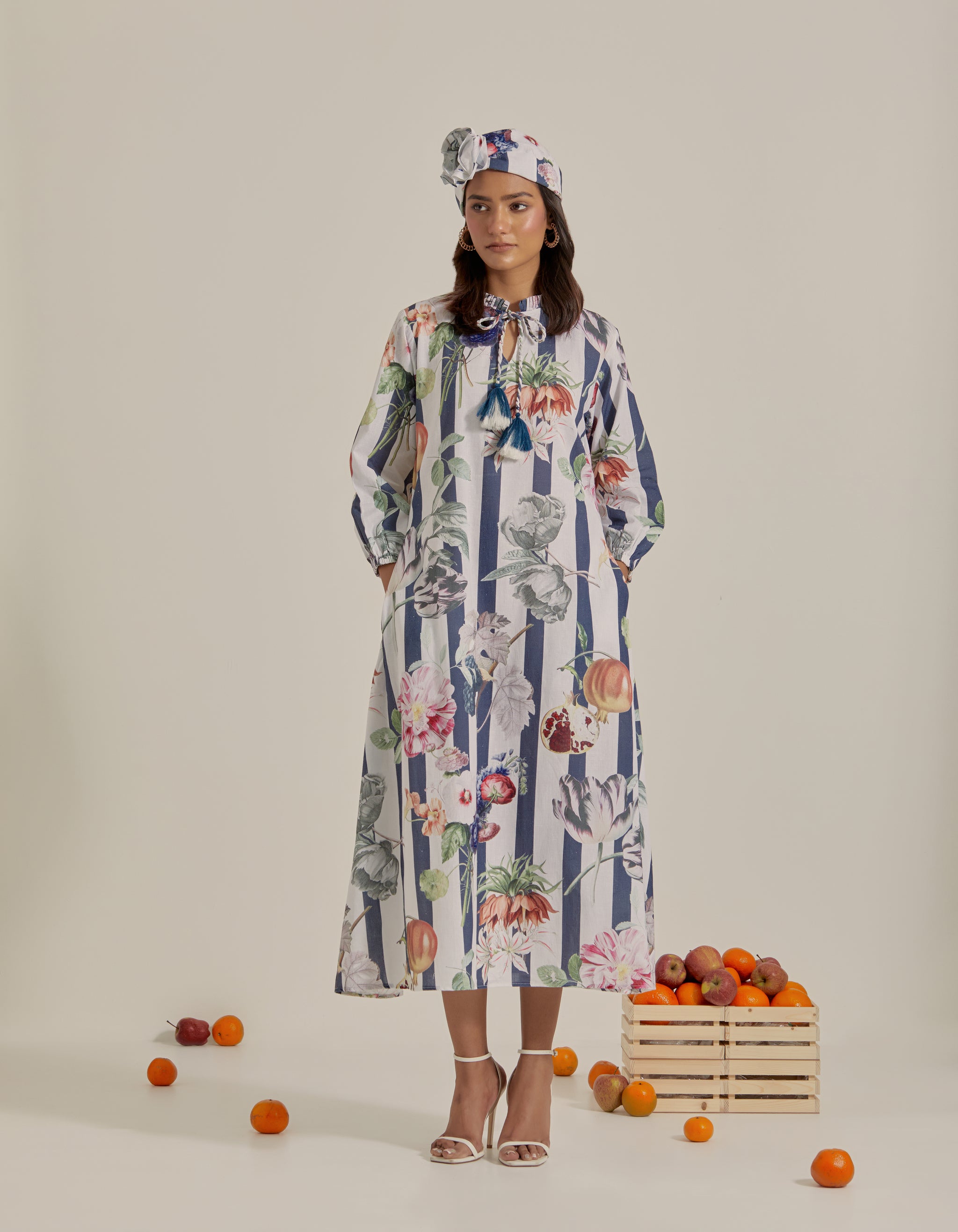 Navy Blue And White Stripes Printed Hawaii Maxi Dress