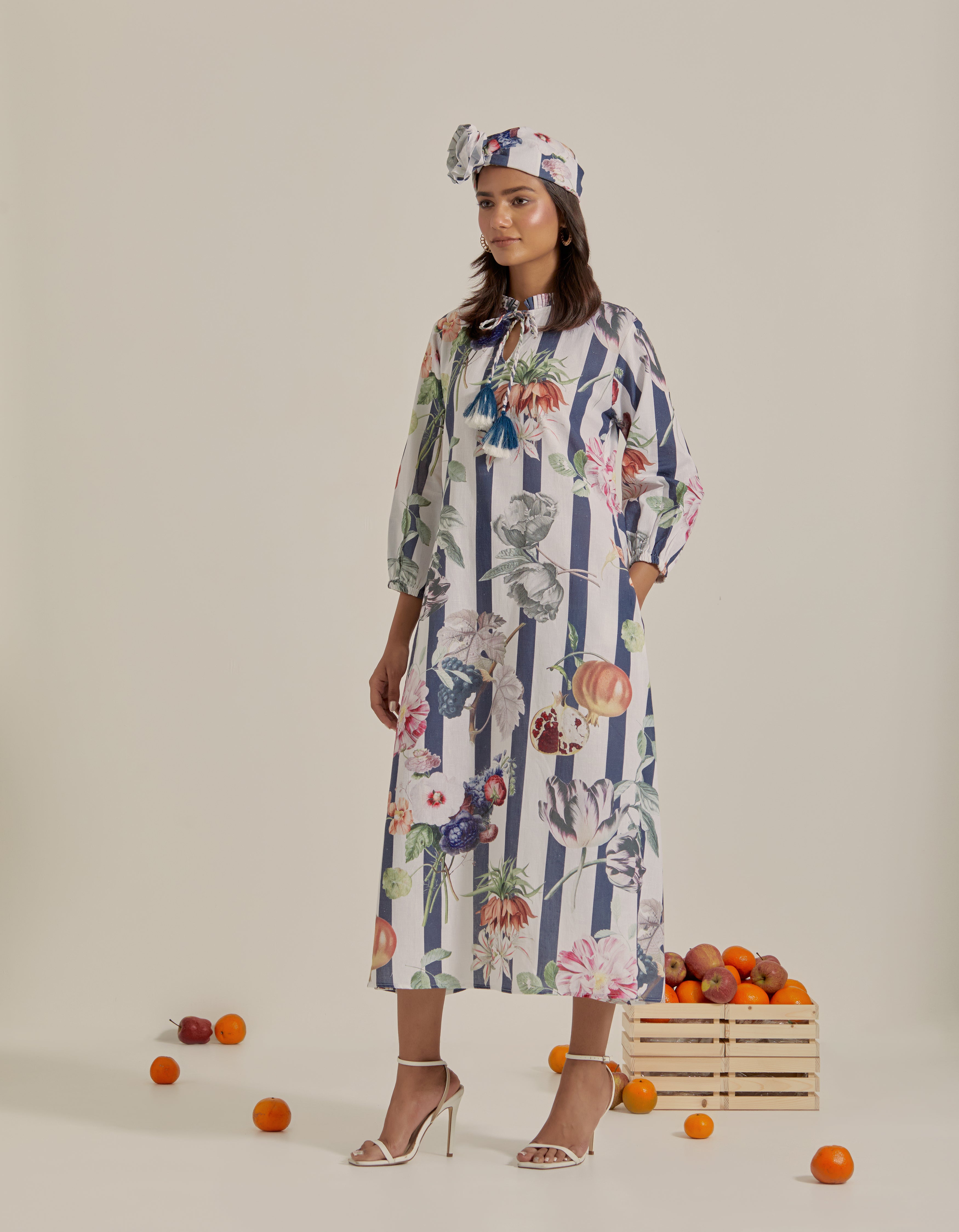 Navy Blue And White Stripes Printed Hawaii Maxi Dress