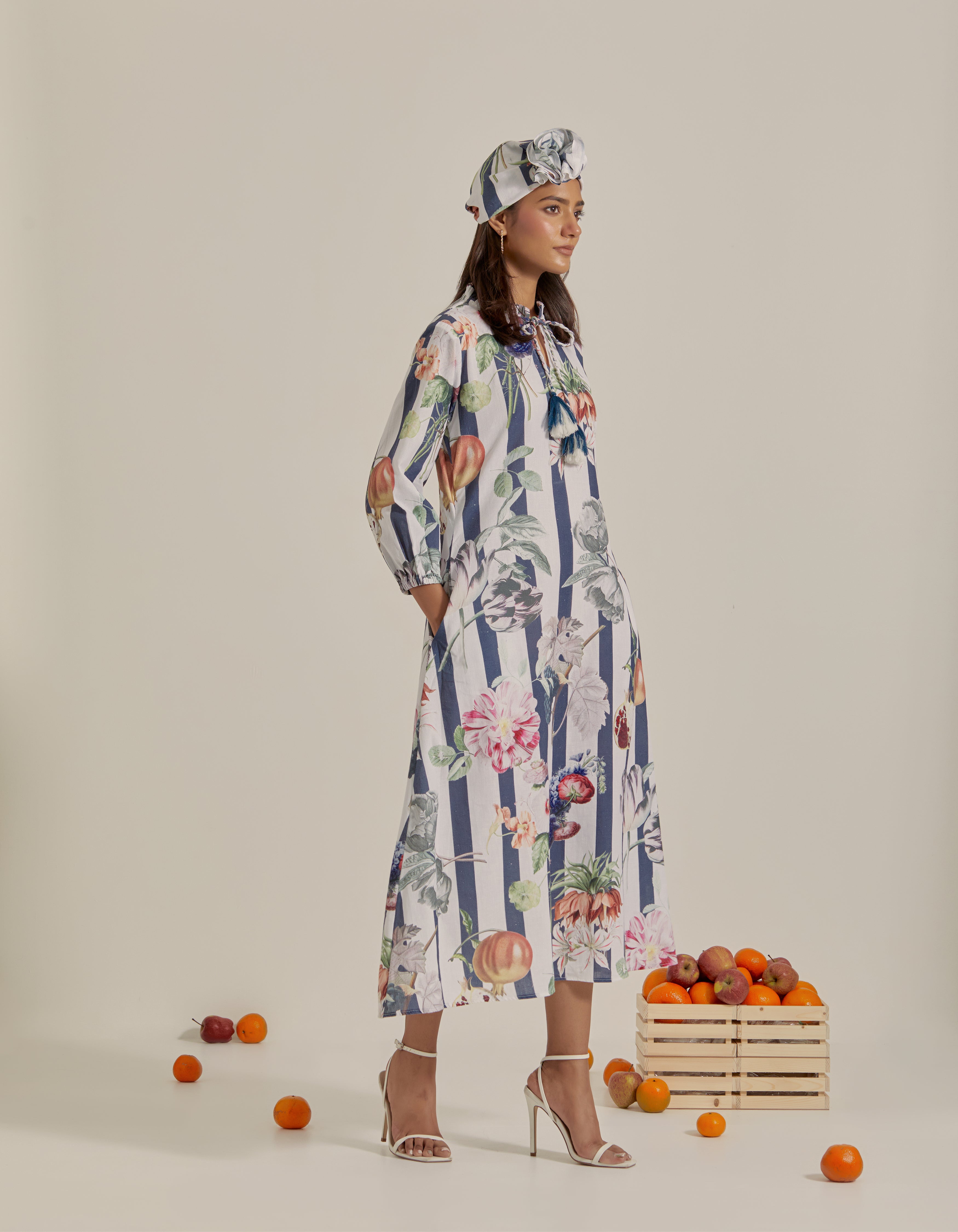 Navy Blue And White Stripes Printed Hawaii Maxi Dress