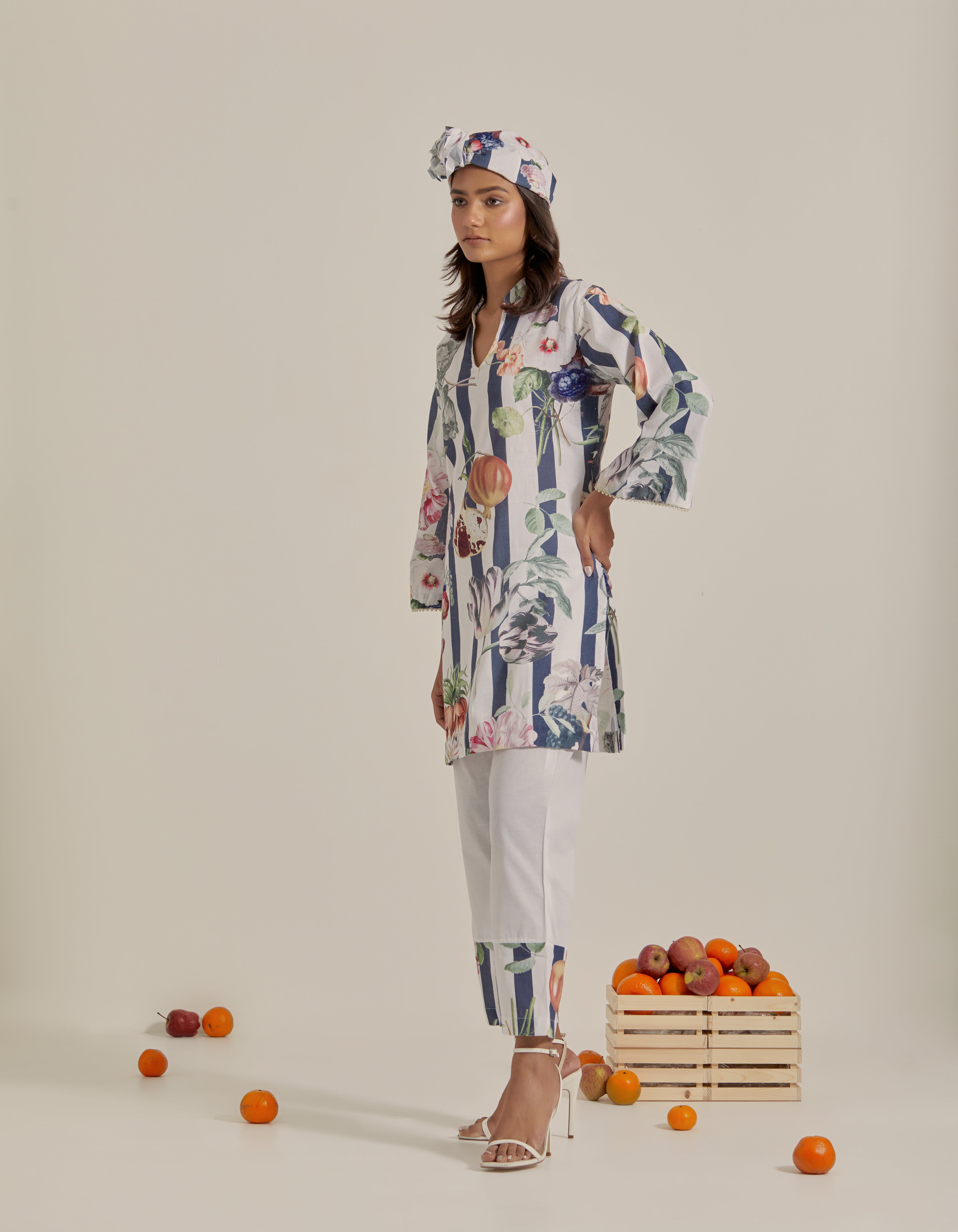 Navy Blue And White Printed Hawaii Short Kurta Set