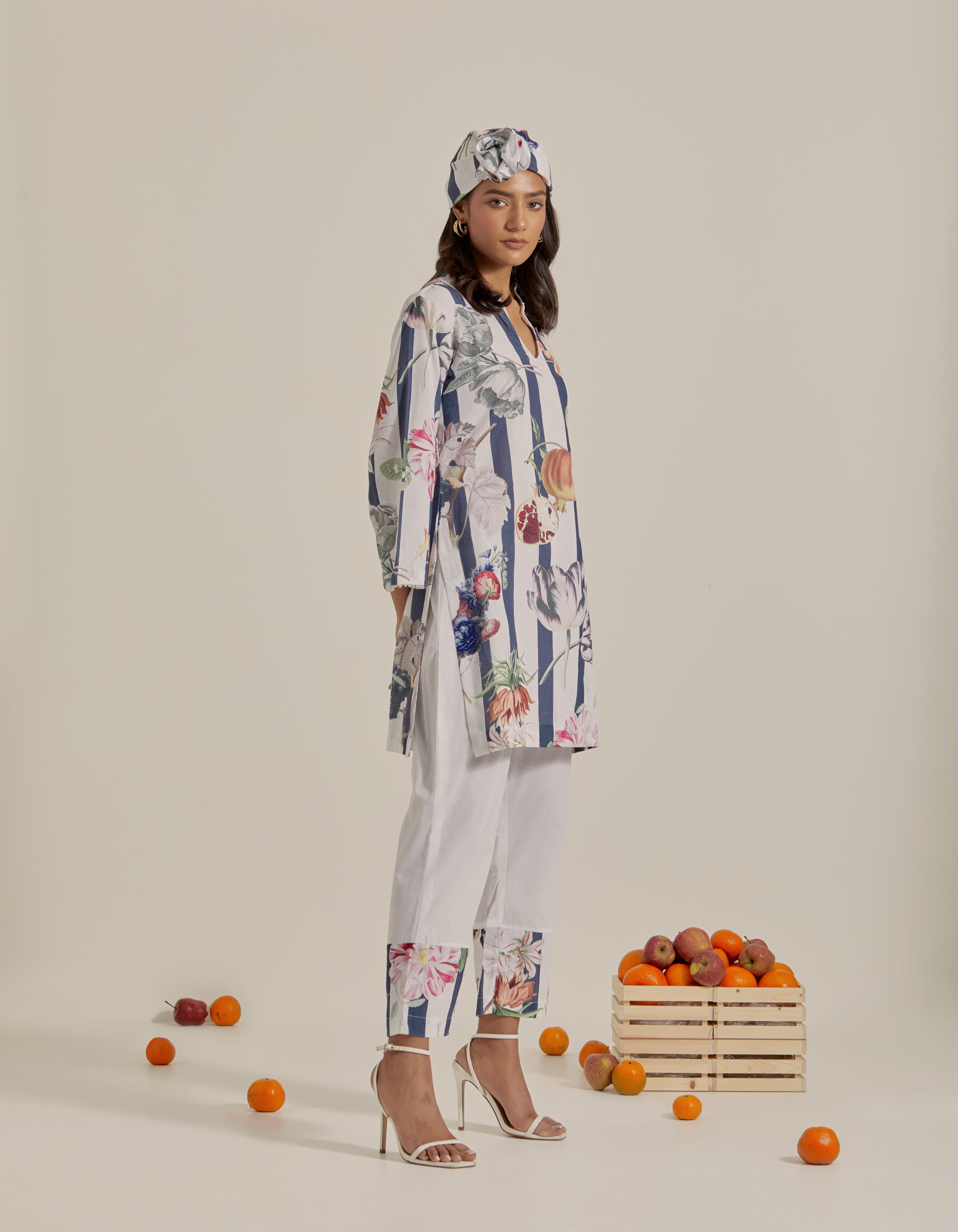 Navy Blue And White Printed Hawaii Short Kurta Set