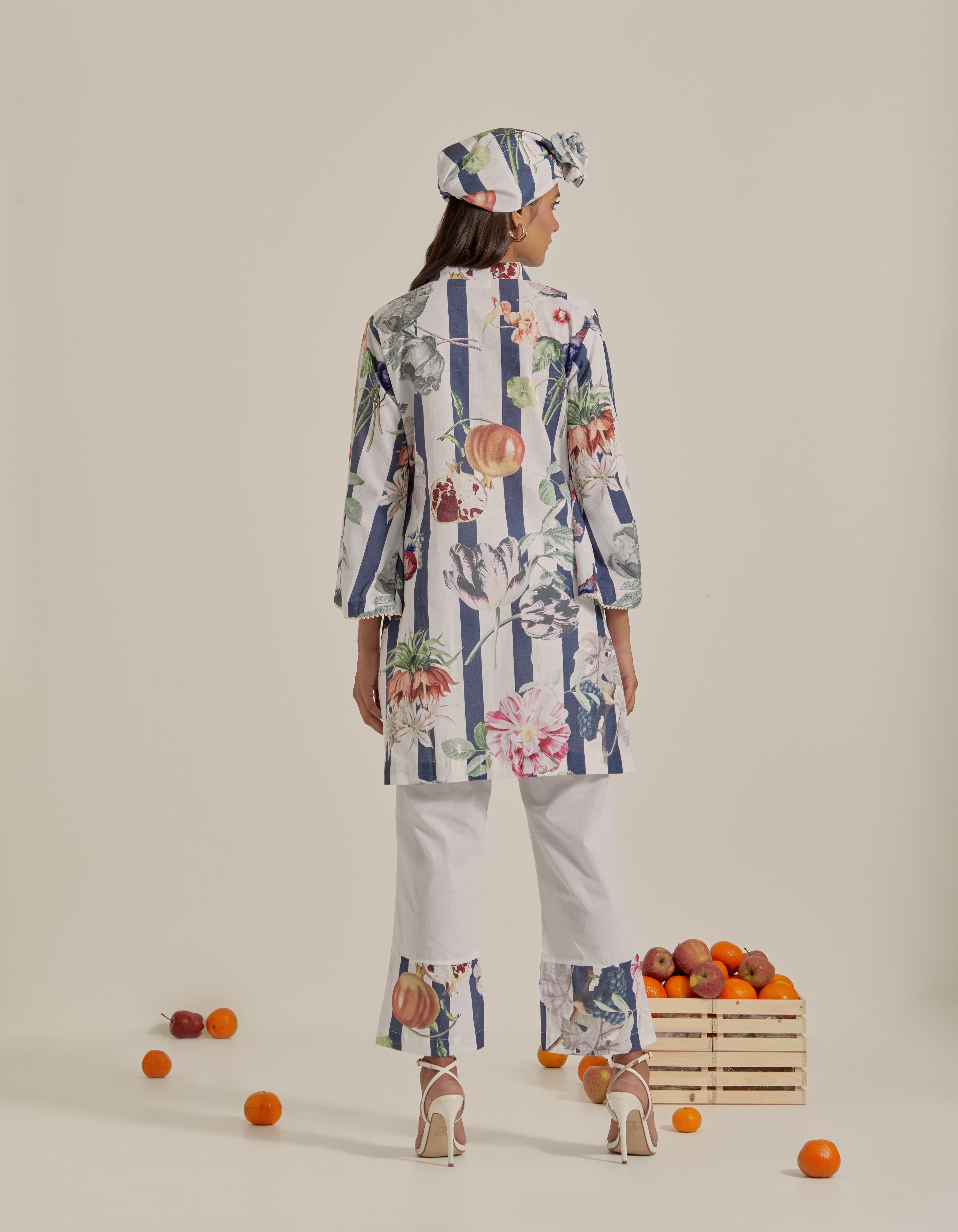 Navy Blue And White Printed Hawaii Short Kurta Set
