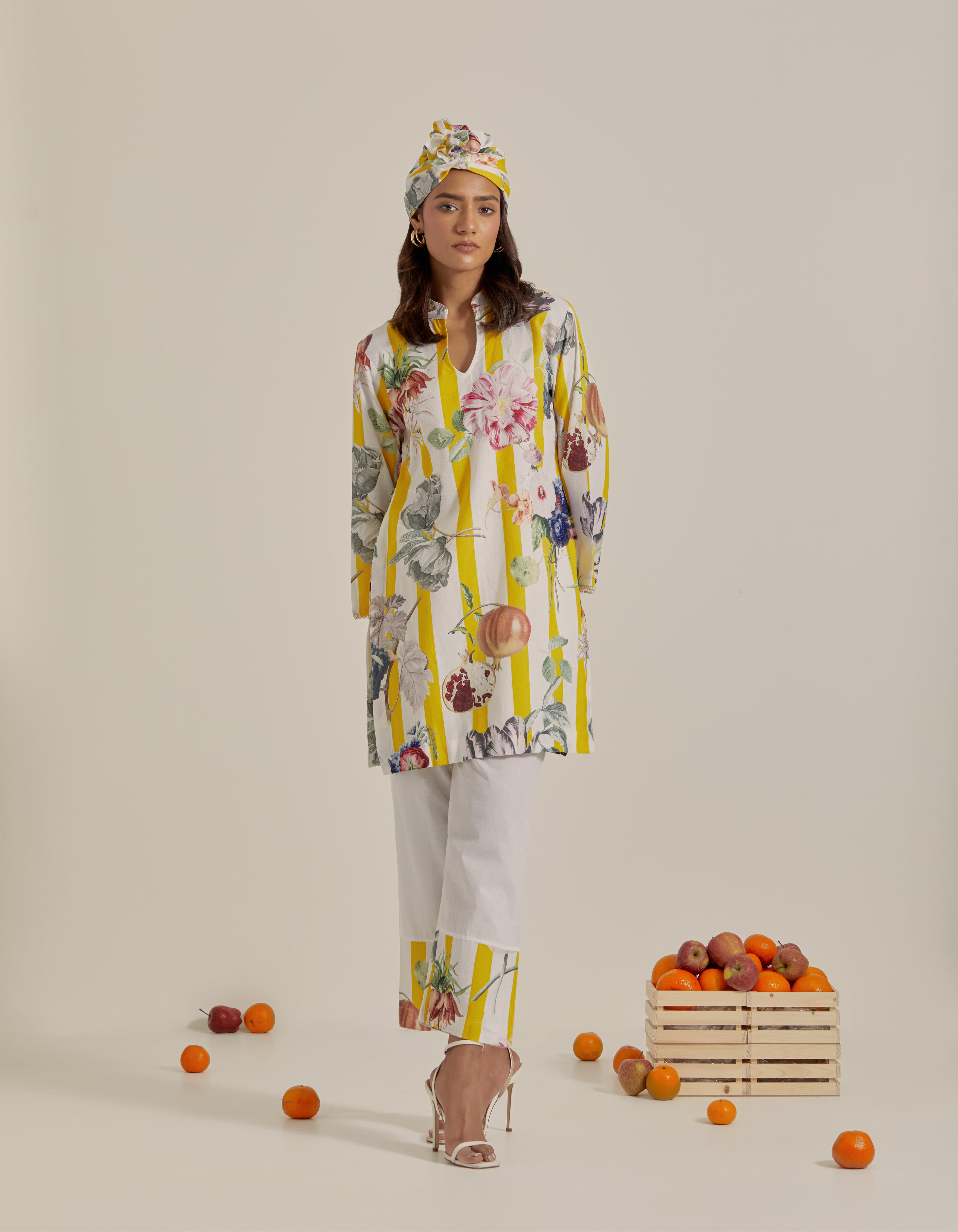 Yellow And White Printed Hawaii Short Kurta Set