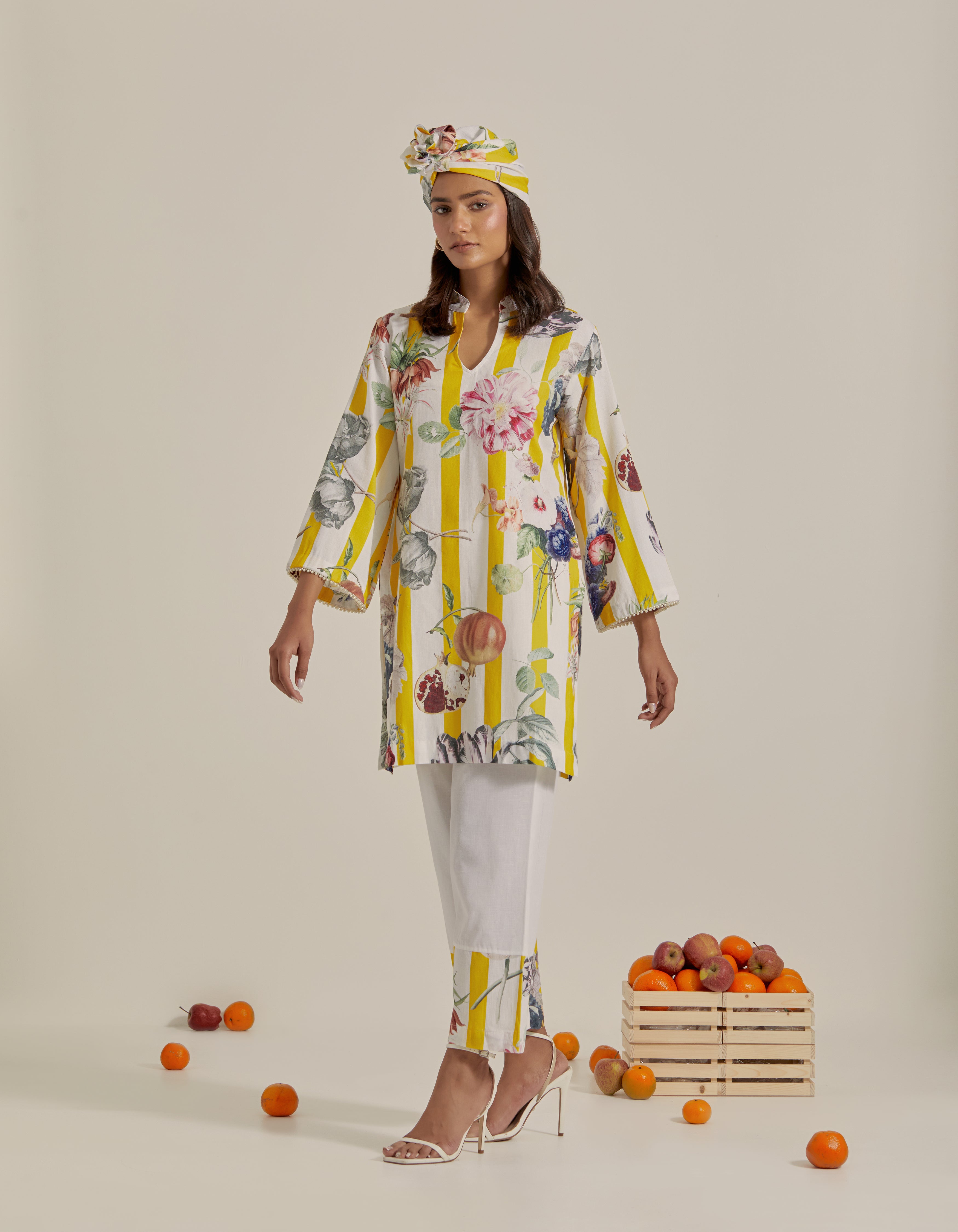 Yellow And White Printed Hawaii Short Kurta Set