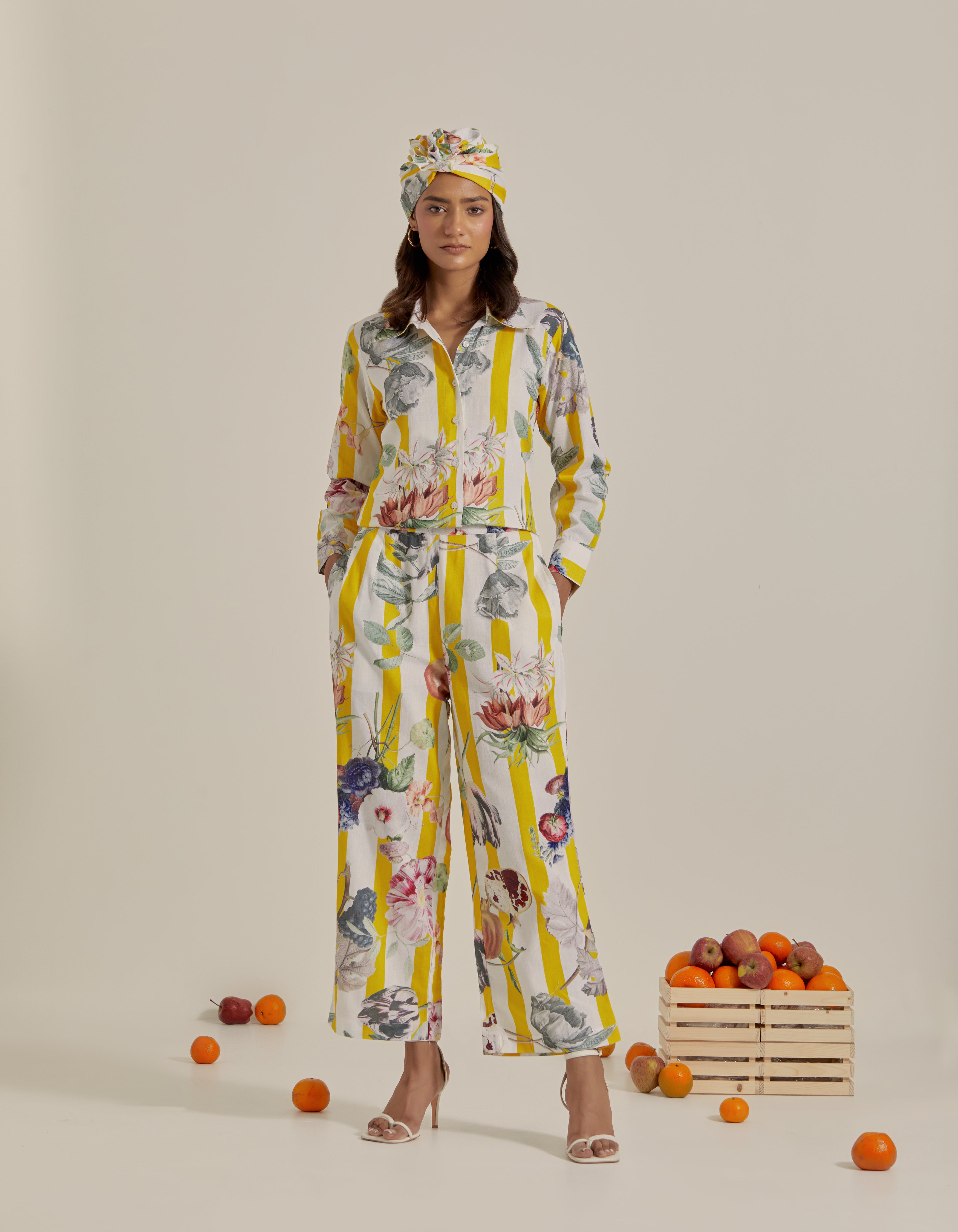 Yellow And White Stripes Printed Shirt Hawaii Co-Ord Set