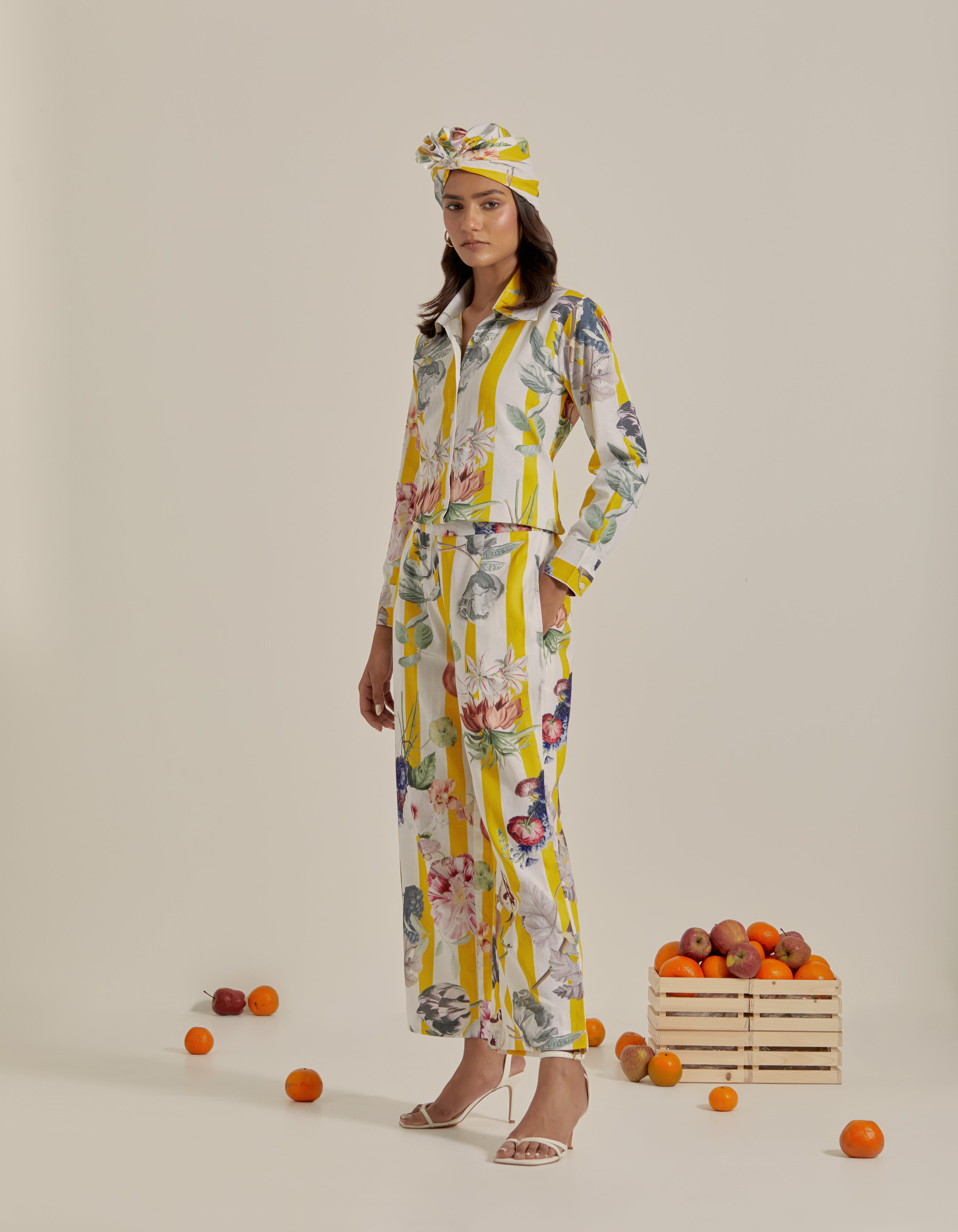 Yellow And White Stripes Printed Shirt Hawaii Co-Ord Set