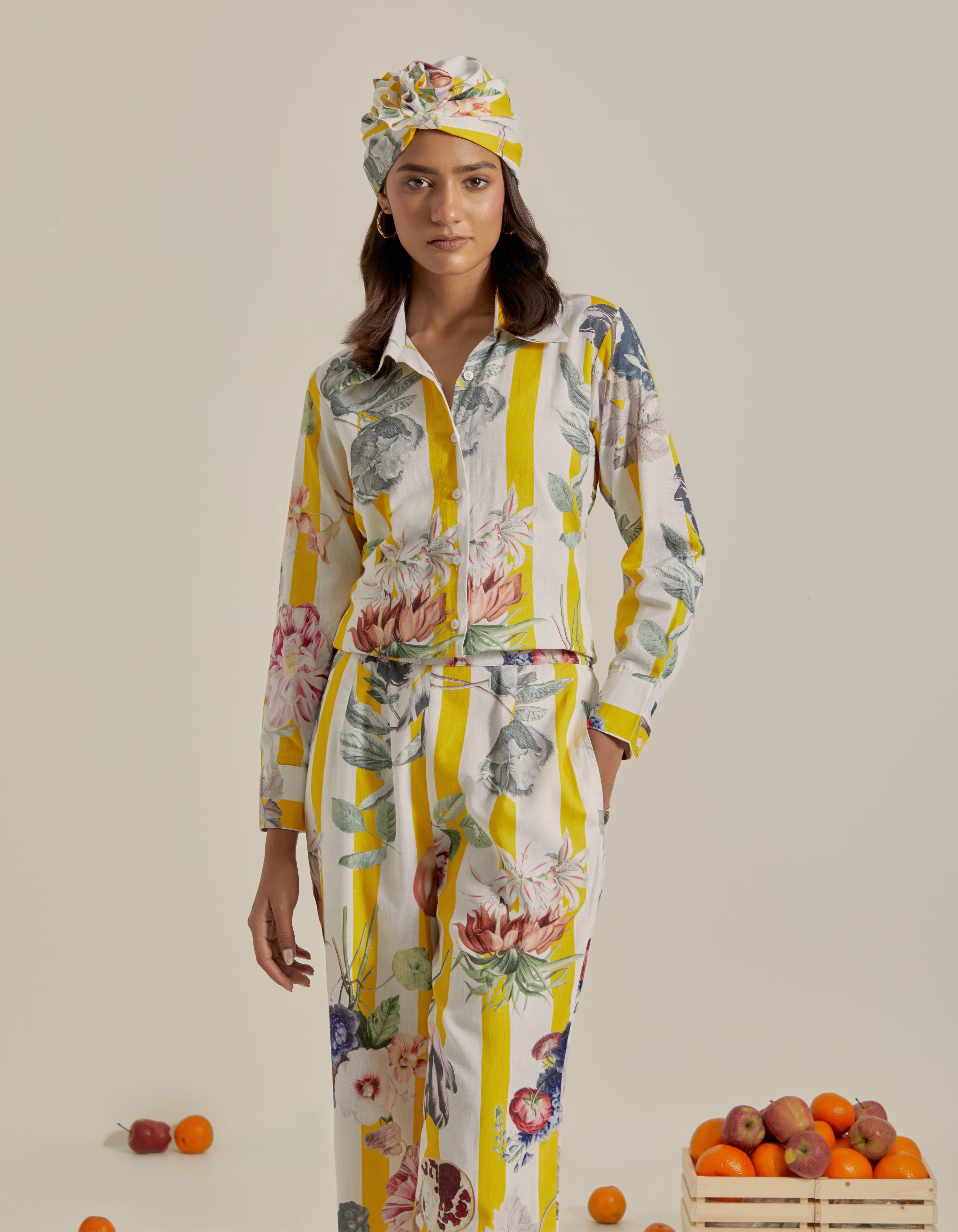 Yellow And White Stripes Printed Shirt Hawaii Co-Ord Set