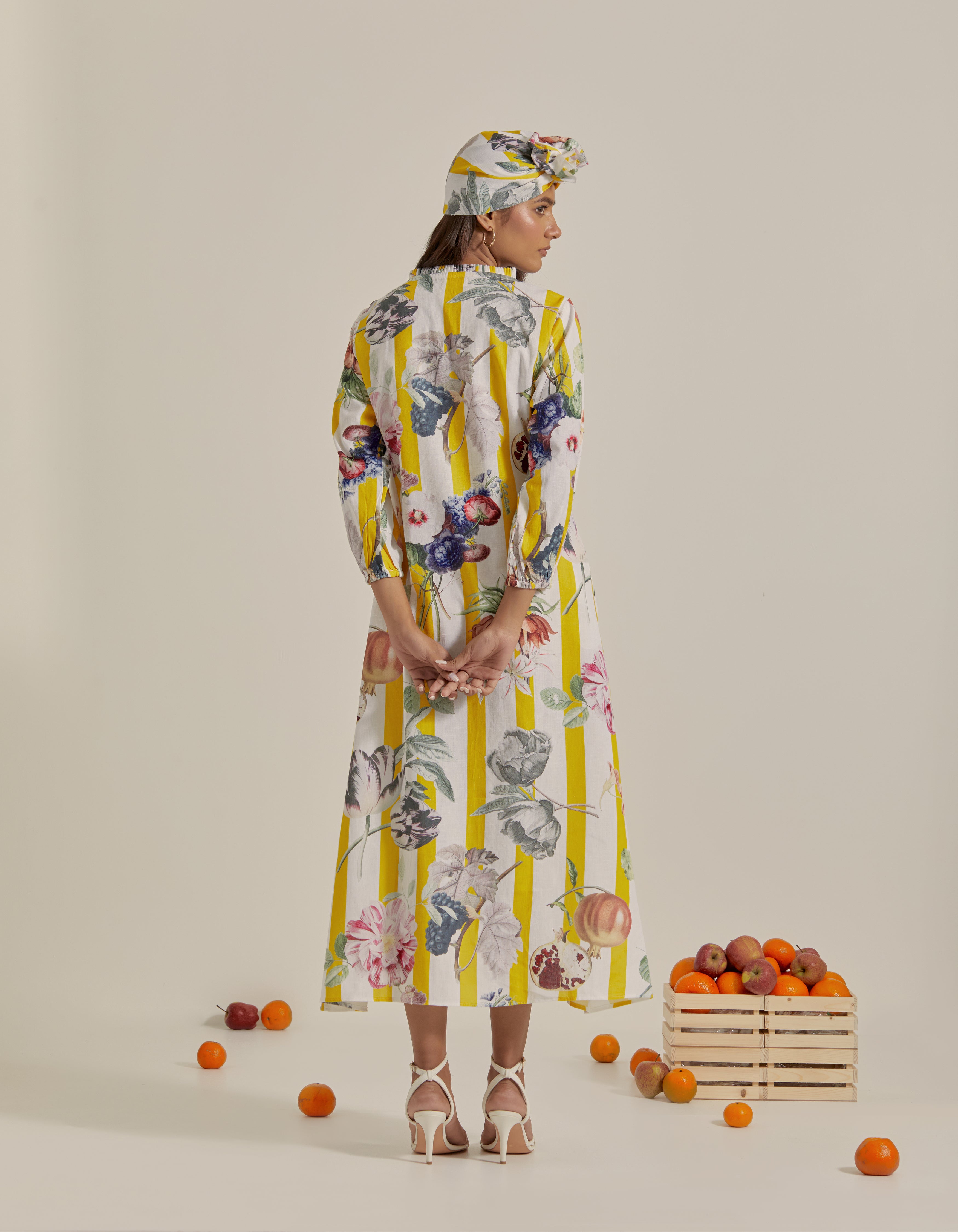 Yellow And White Stripes Printed Hawaii Maxi Dress
