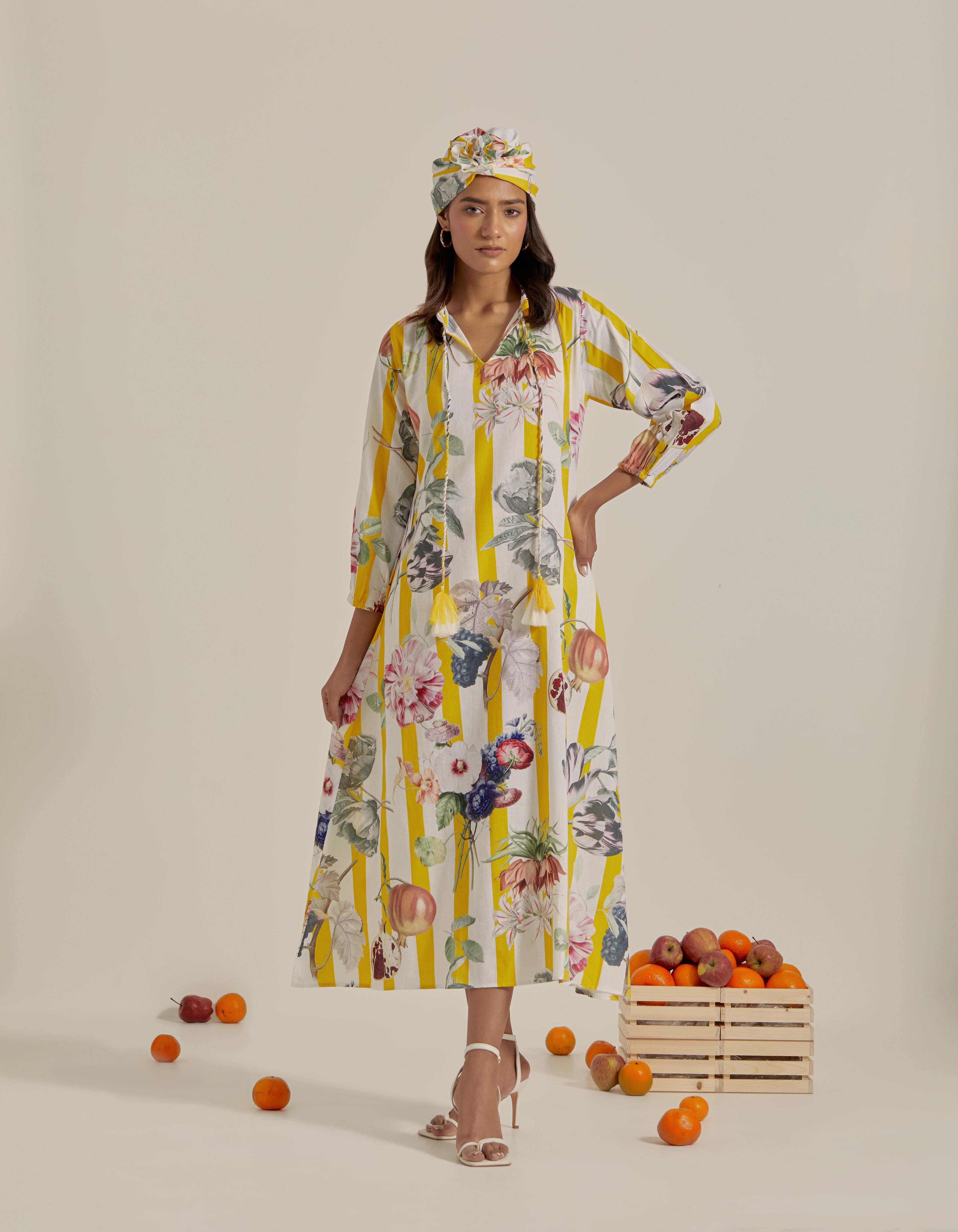 Yellow And White Stripes Printed Hawaii Maxi Dress