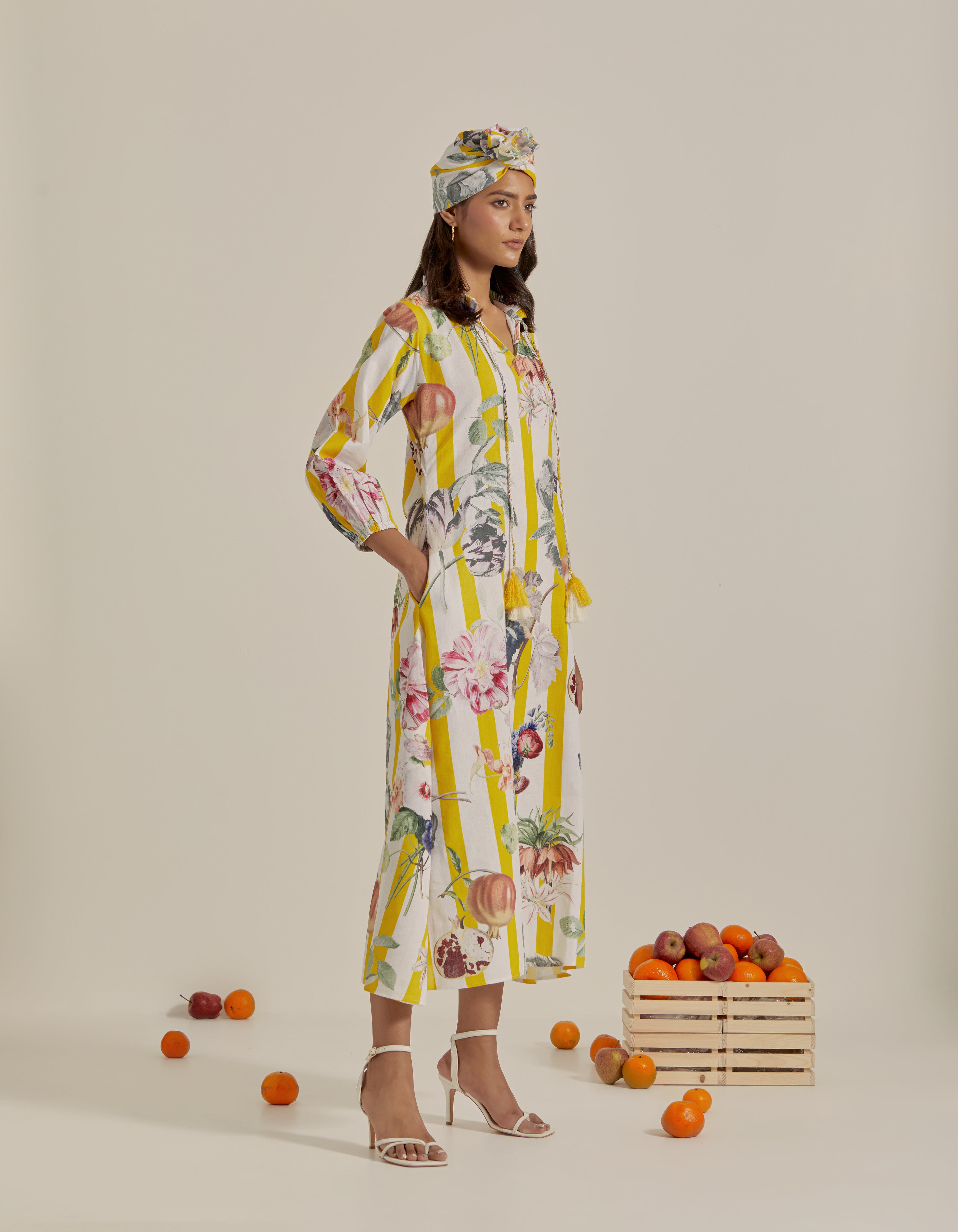 Yellow And White Stripes Printed Hawaii Maxi Dress