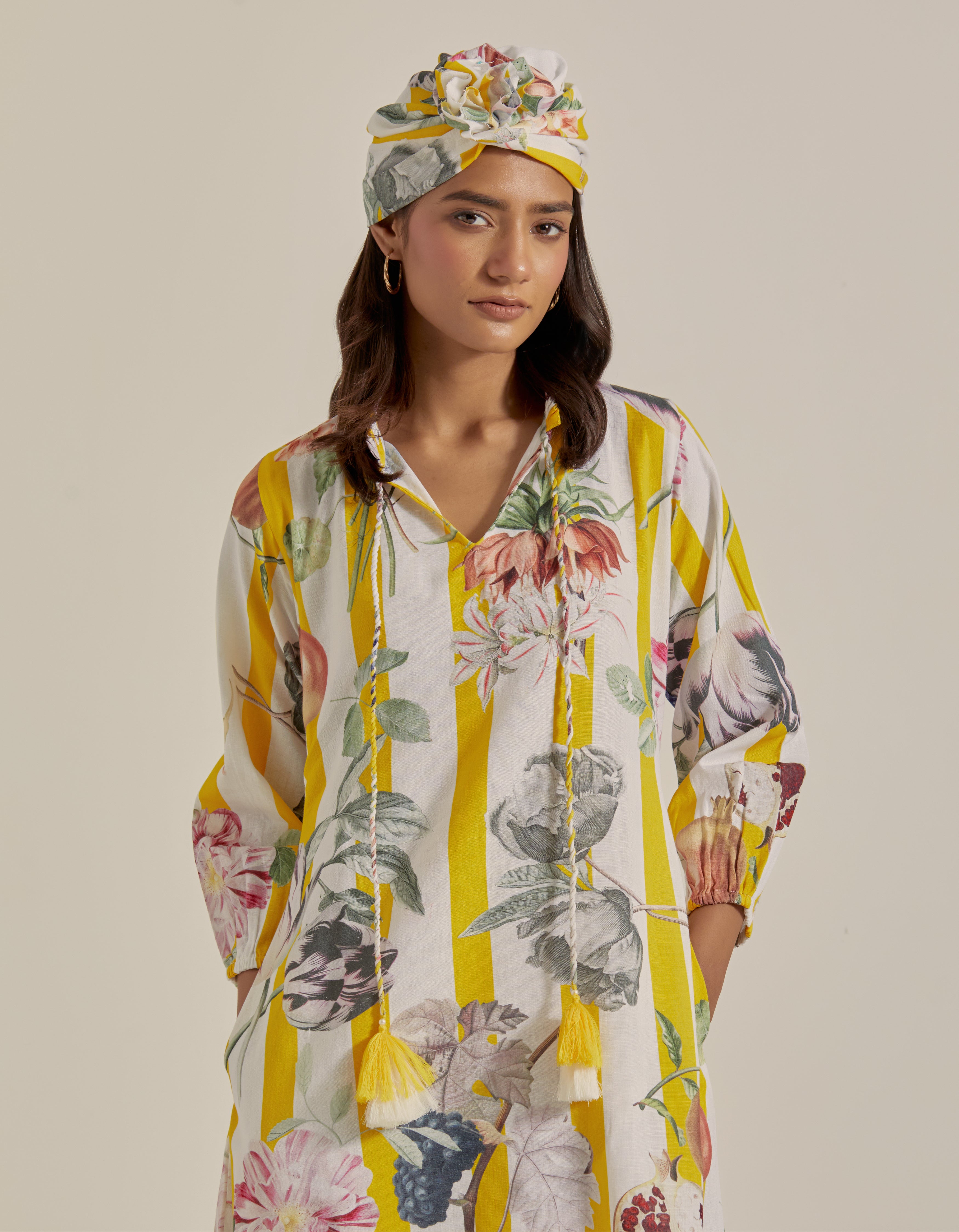Yellow And White Stripes Printed Hawaii Maxi Dress