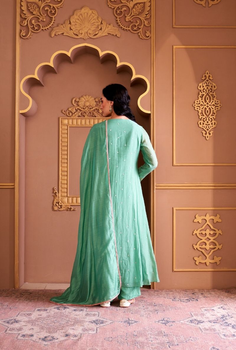 Aqua Resham Front Pleat Rasia Kurta Set