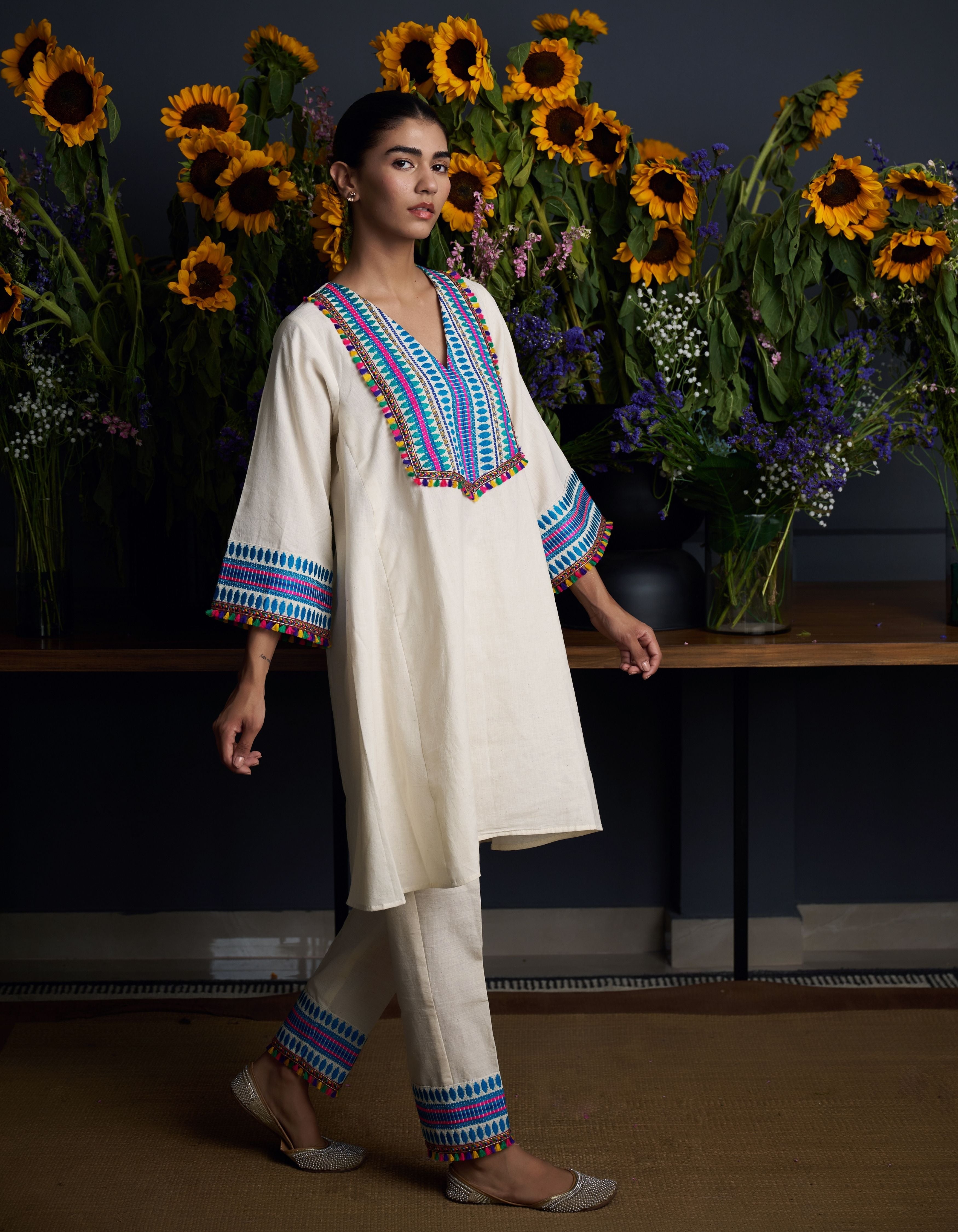 Beige Multi Colour Jacquard Yoke Dhvani Nadia Kurta Set