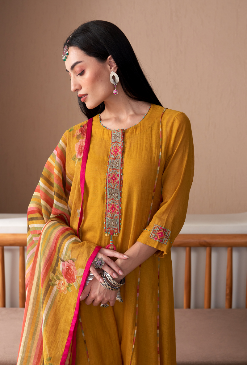 Mustard Embroidered Placket Bageecha Anarkali Set