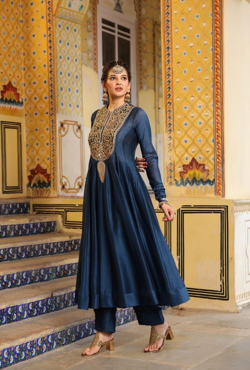 Blue Heavy Yoke Mehfil Anarkali Set