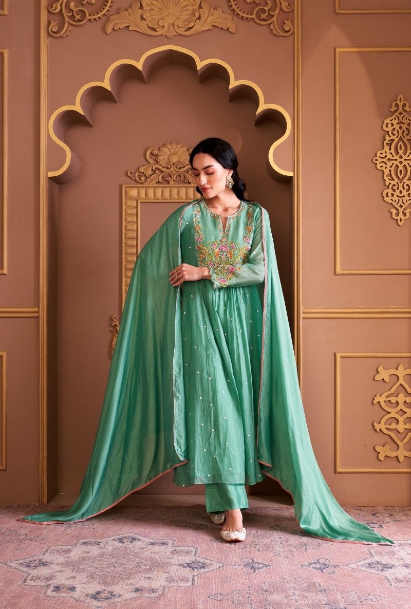 Aqua Resham Front Pleat Rasia Kurta Set