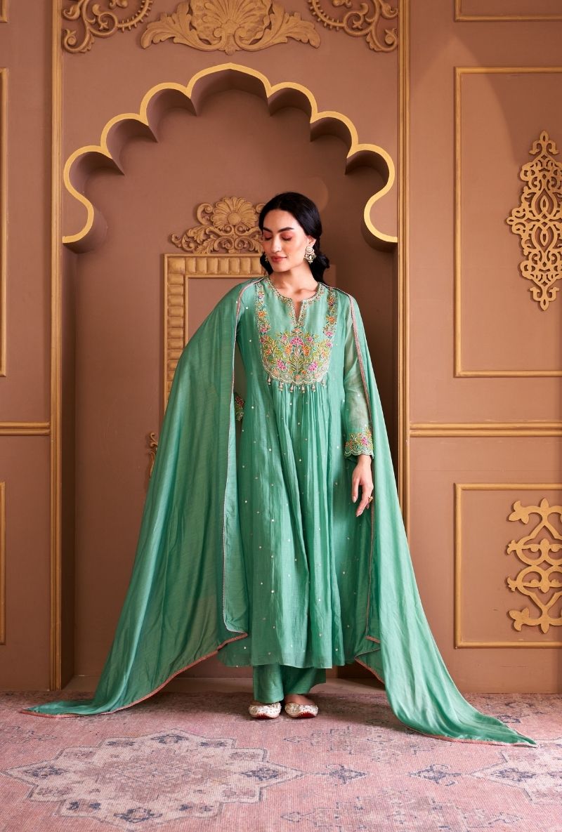 Aqua Resham Front Pleat Rasia Kurta Set
