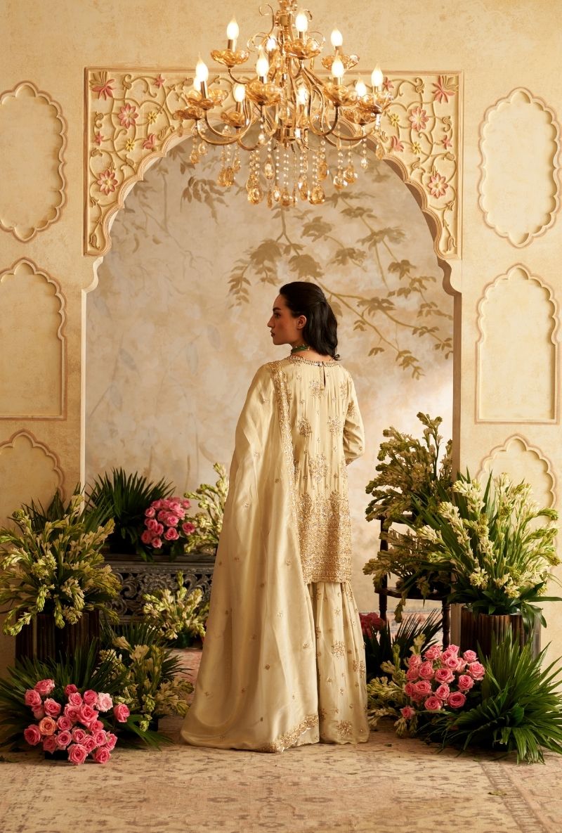 Ivory Round Neck Embroidered Rumi Gharara Set